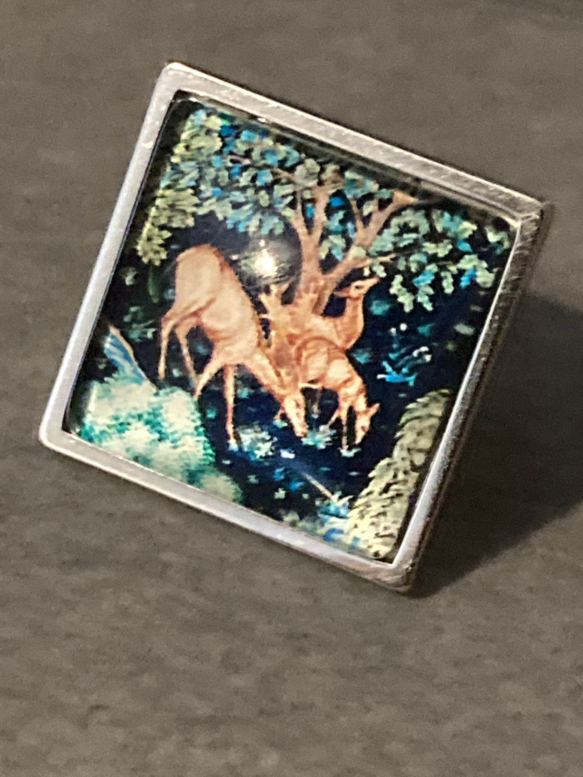 William Morris print ring Forest deer design 2cm square glass adjustable size N O P Q R S