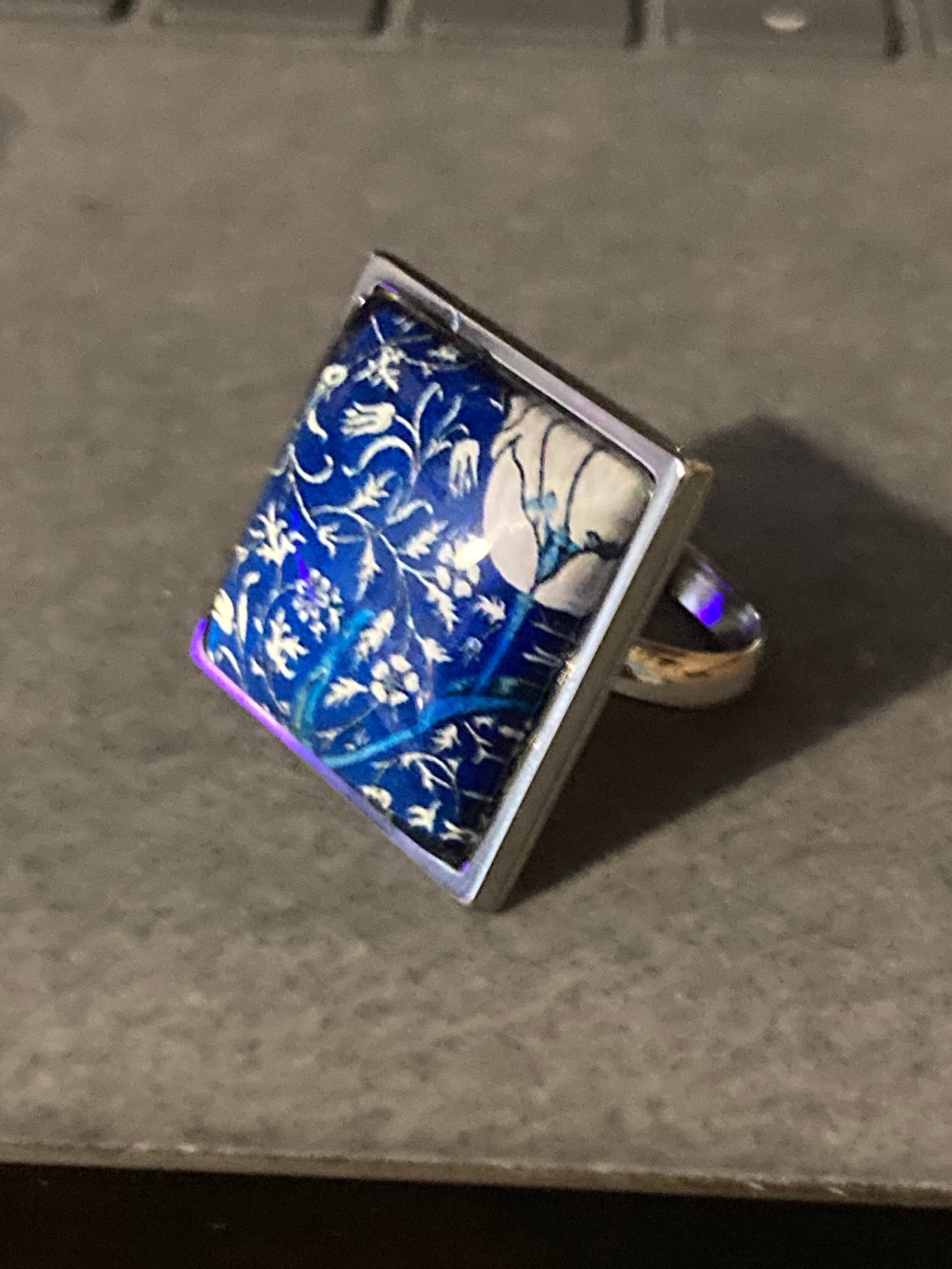 William Morris ring blue Medway design adjustable size N O P Q R S