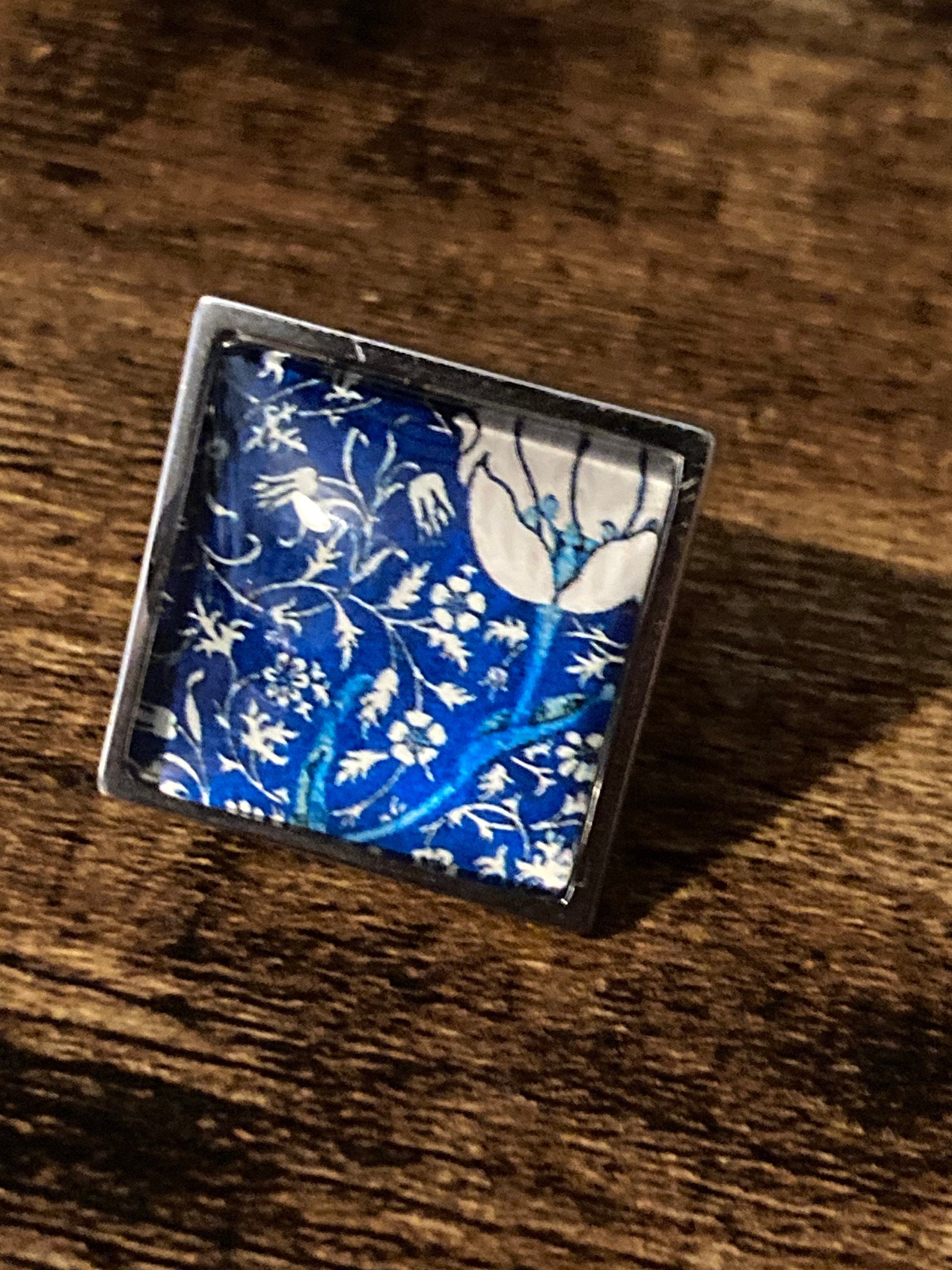 William Morris ring blue Medway design adjustable size N O P Q R S