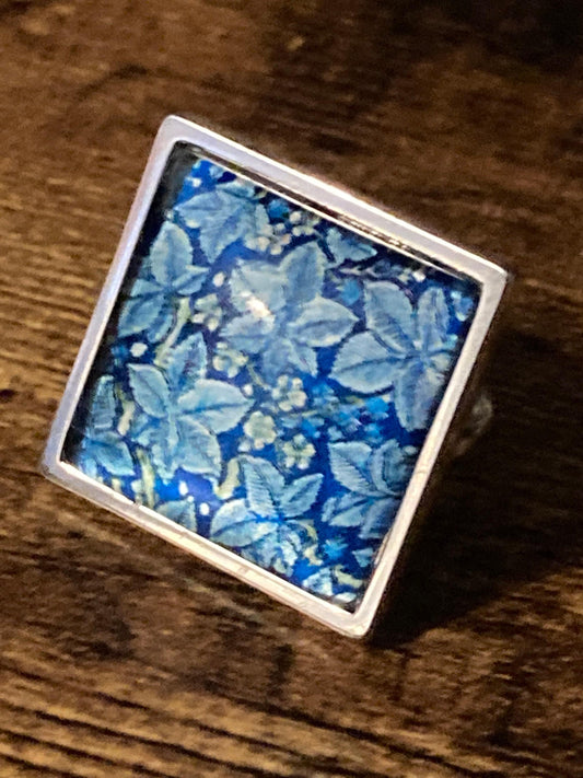 William Morris ring blue Bramble ivy design adjustable size N O P Q R S