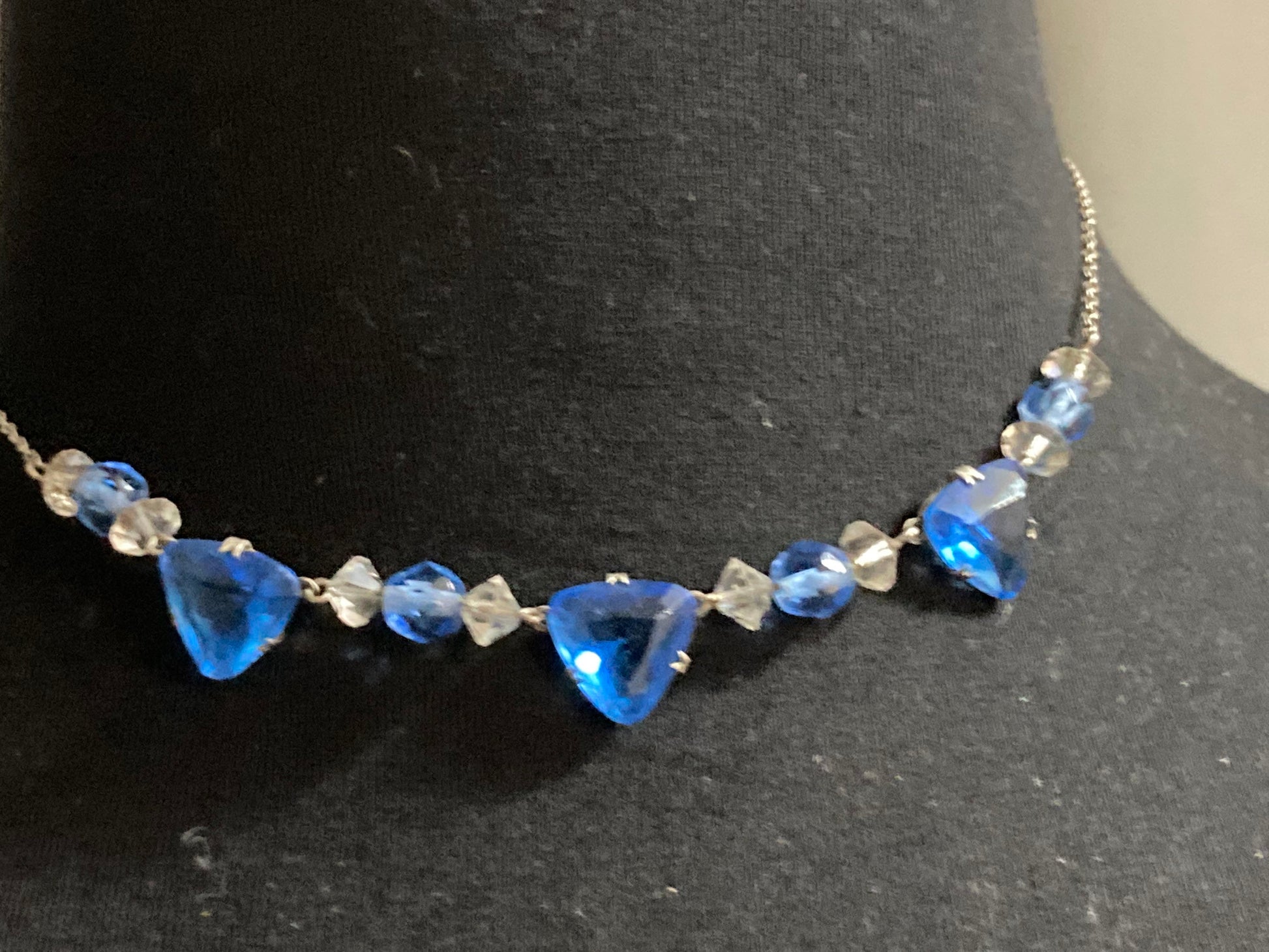 Art Deco Czech sapphire blue and clear Open Back crystal Necklace