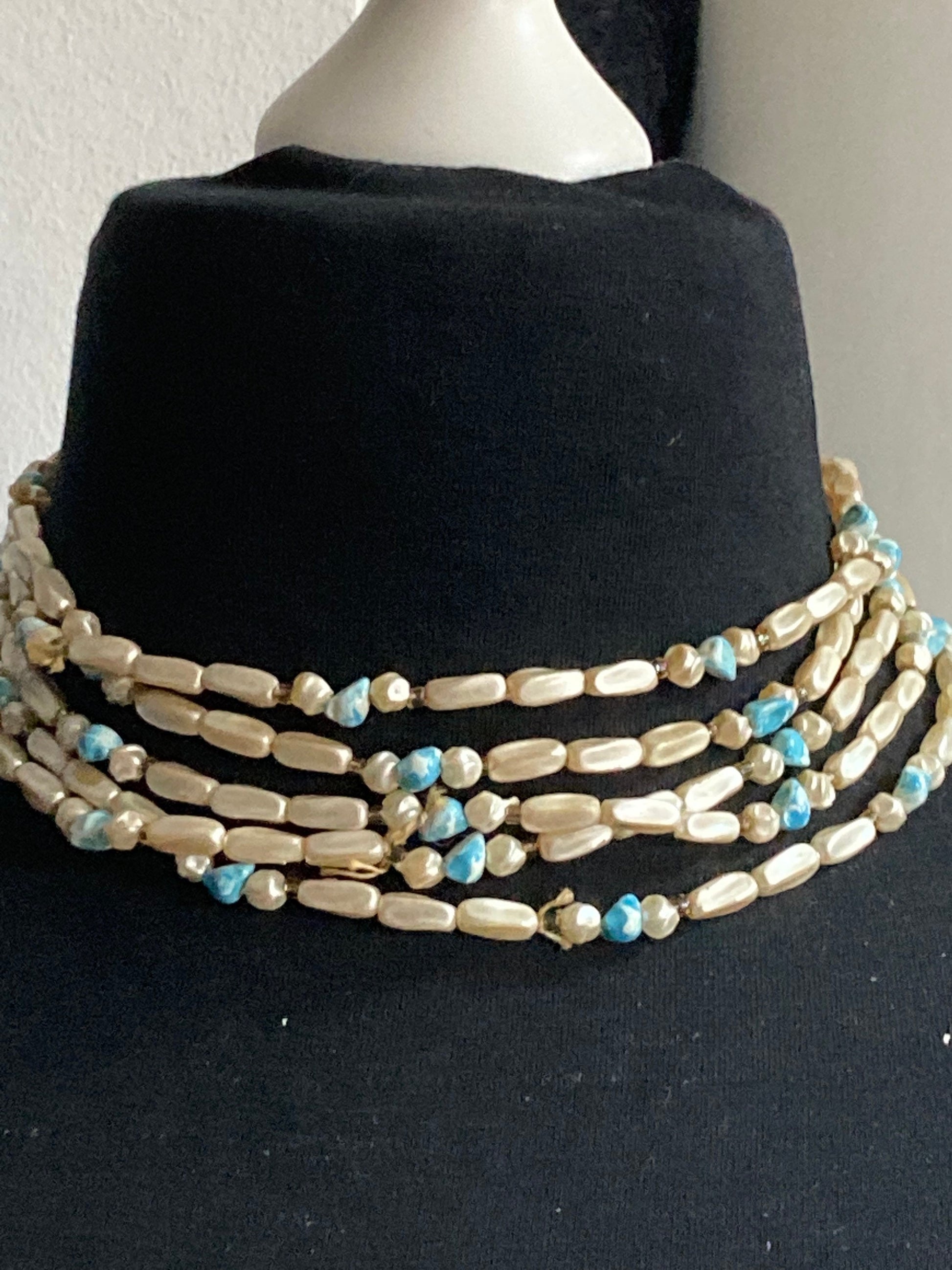 AF Signed HONG KONG Vintage 1960s multi strand blue cream plastic pearl beaded wide collar necklace