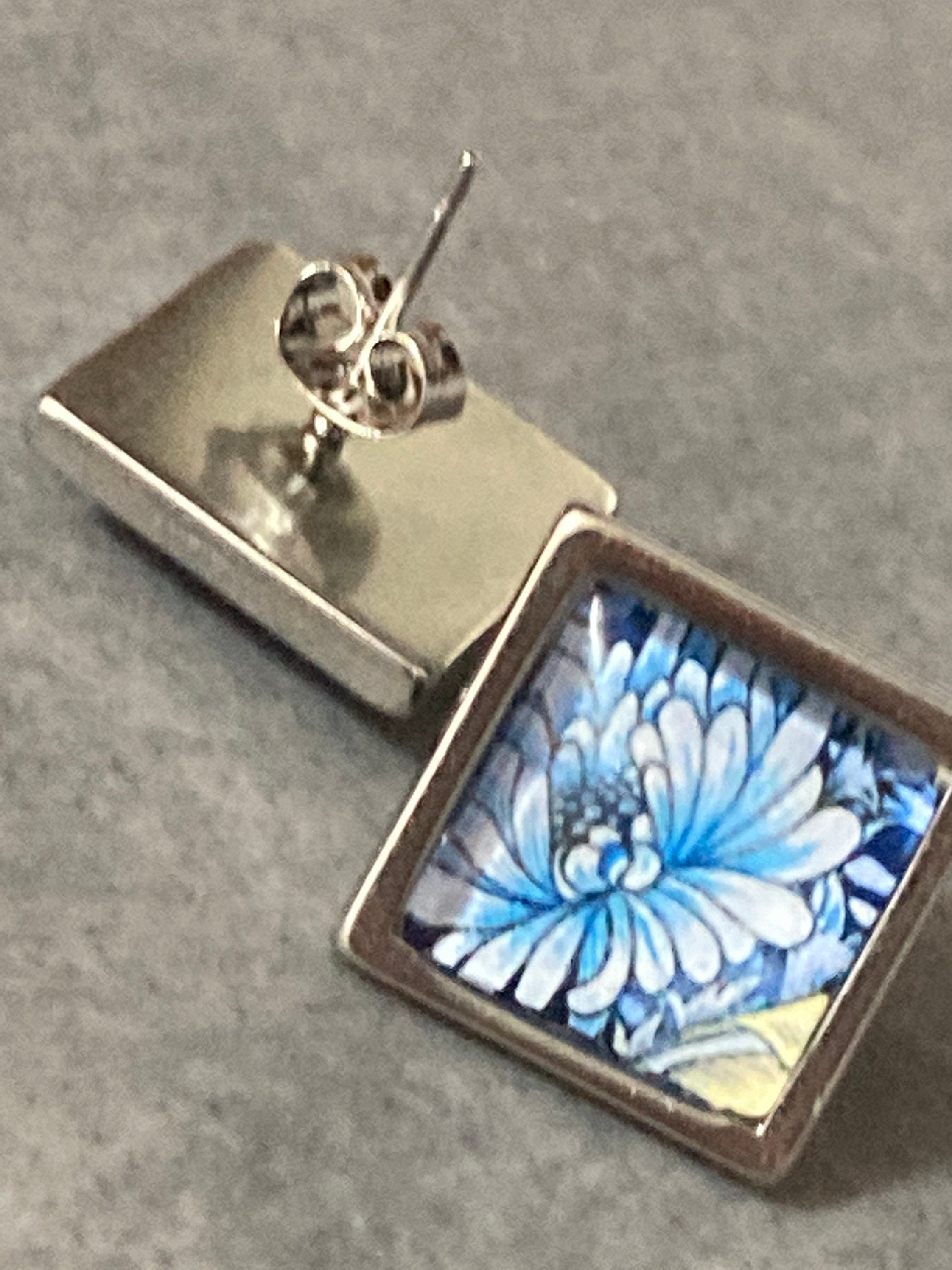 William morris print earrings square glass tile blue floral flower silver stud