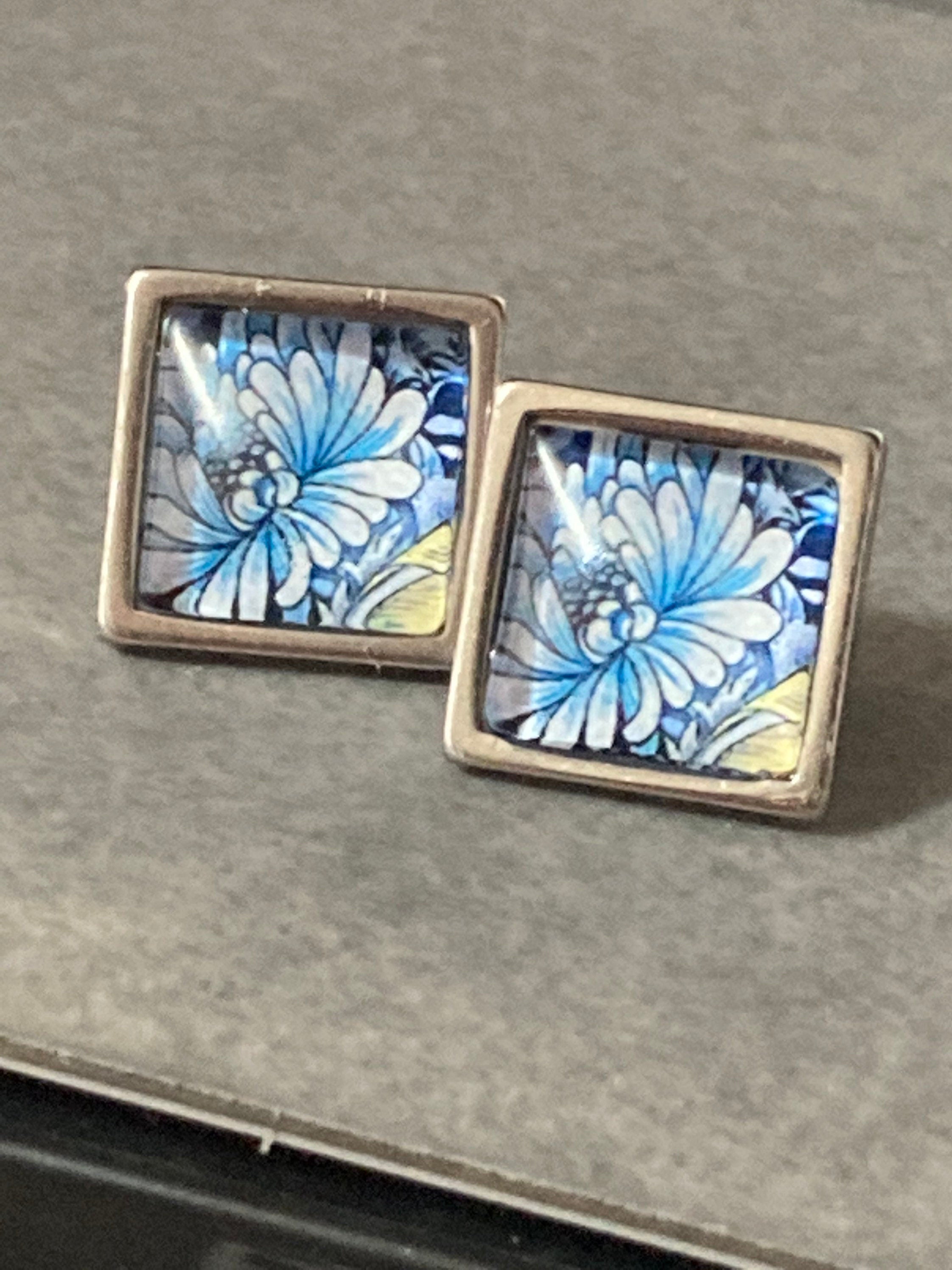 William morris print earrings square glass tile blue floral flower silver stud