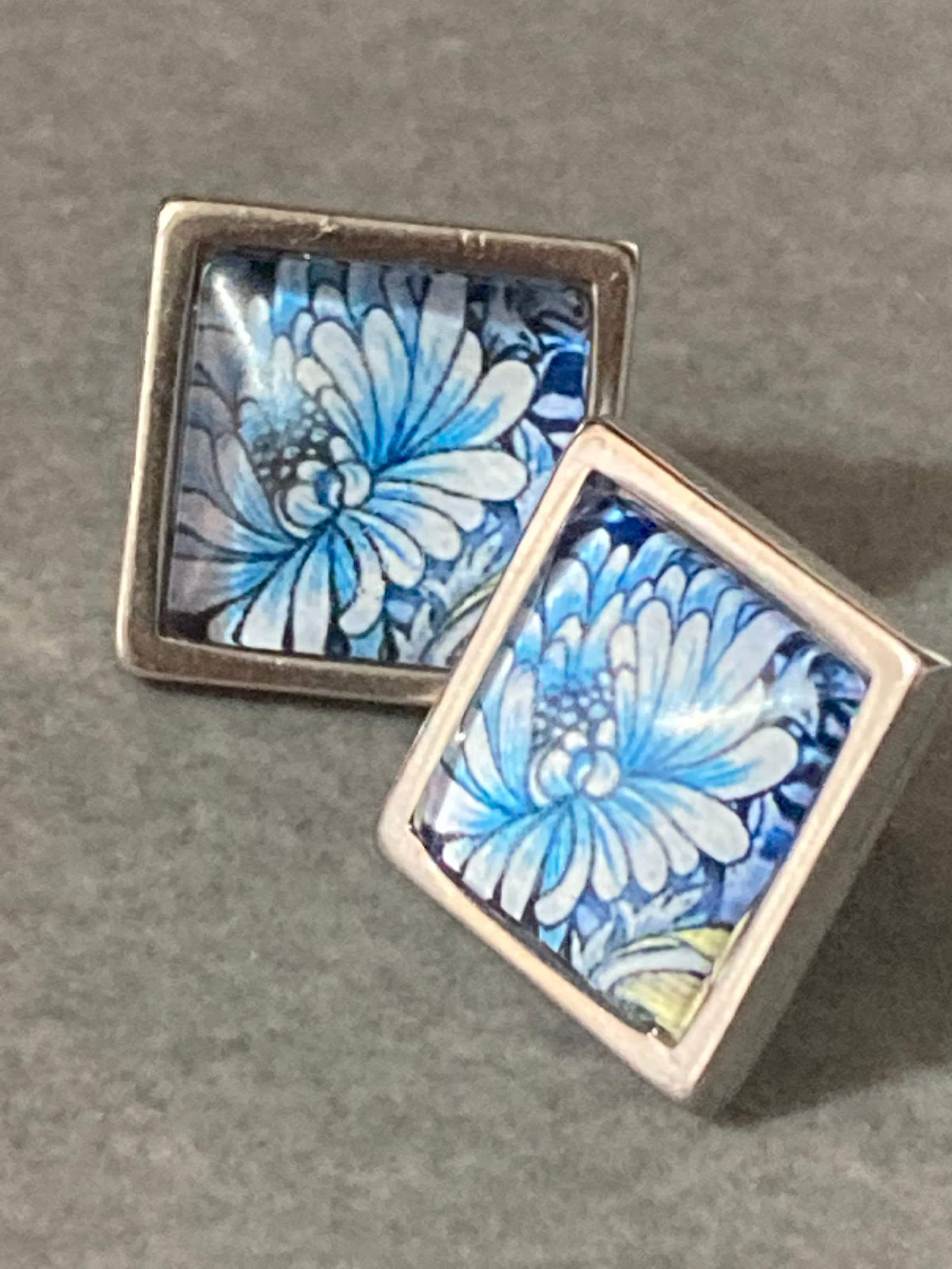 William morris print earrings square glass tile blue floral flower silver stud