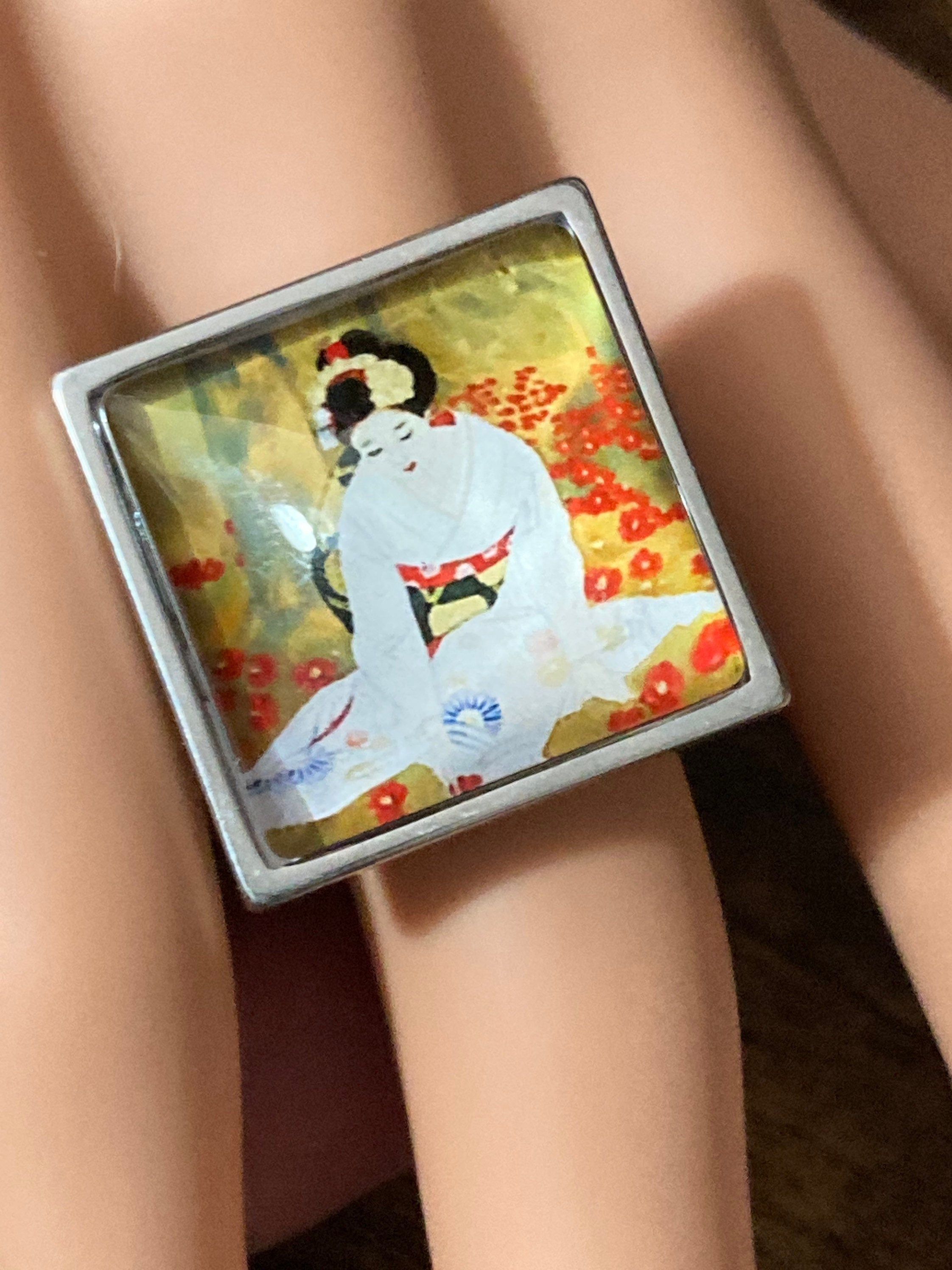 Oversized 22mm stainless steel Japanese geisha girl design square glass cabochon modernist ring adj size N O P Q R S