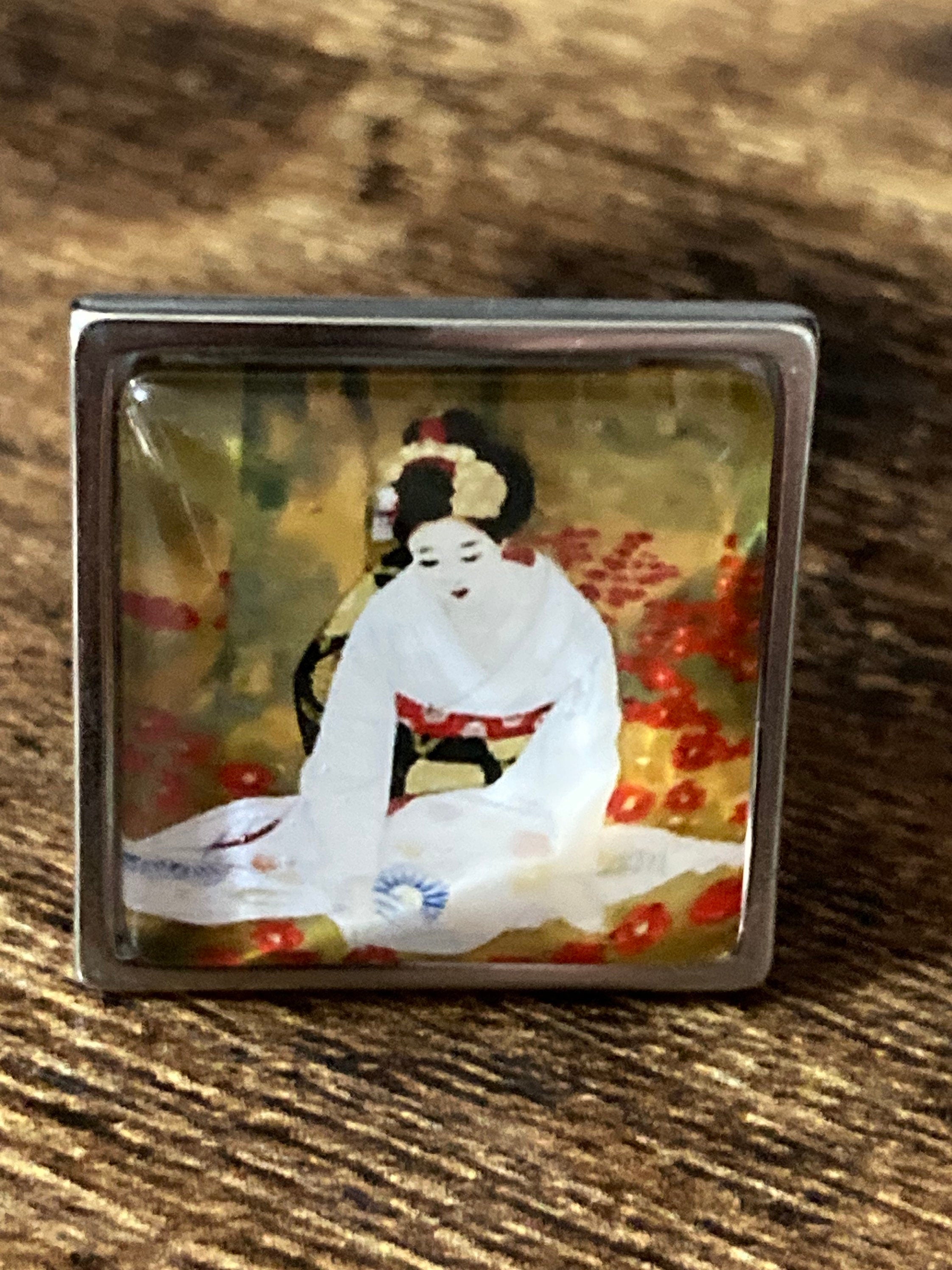 Oversized 22mm stainless steel Japanese geisha girl design square glass cabochon modernist ring adj size N O P Q R S