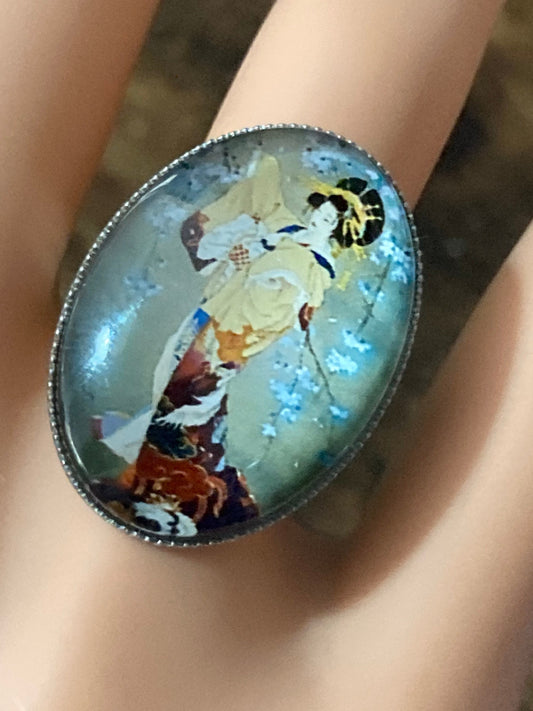 Japanese geisha girl ring oval glass cabochon ring adjustable handmade