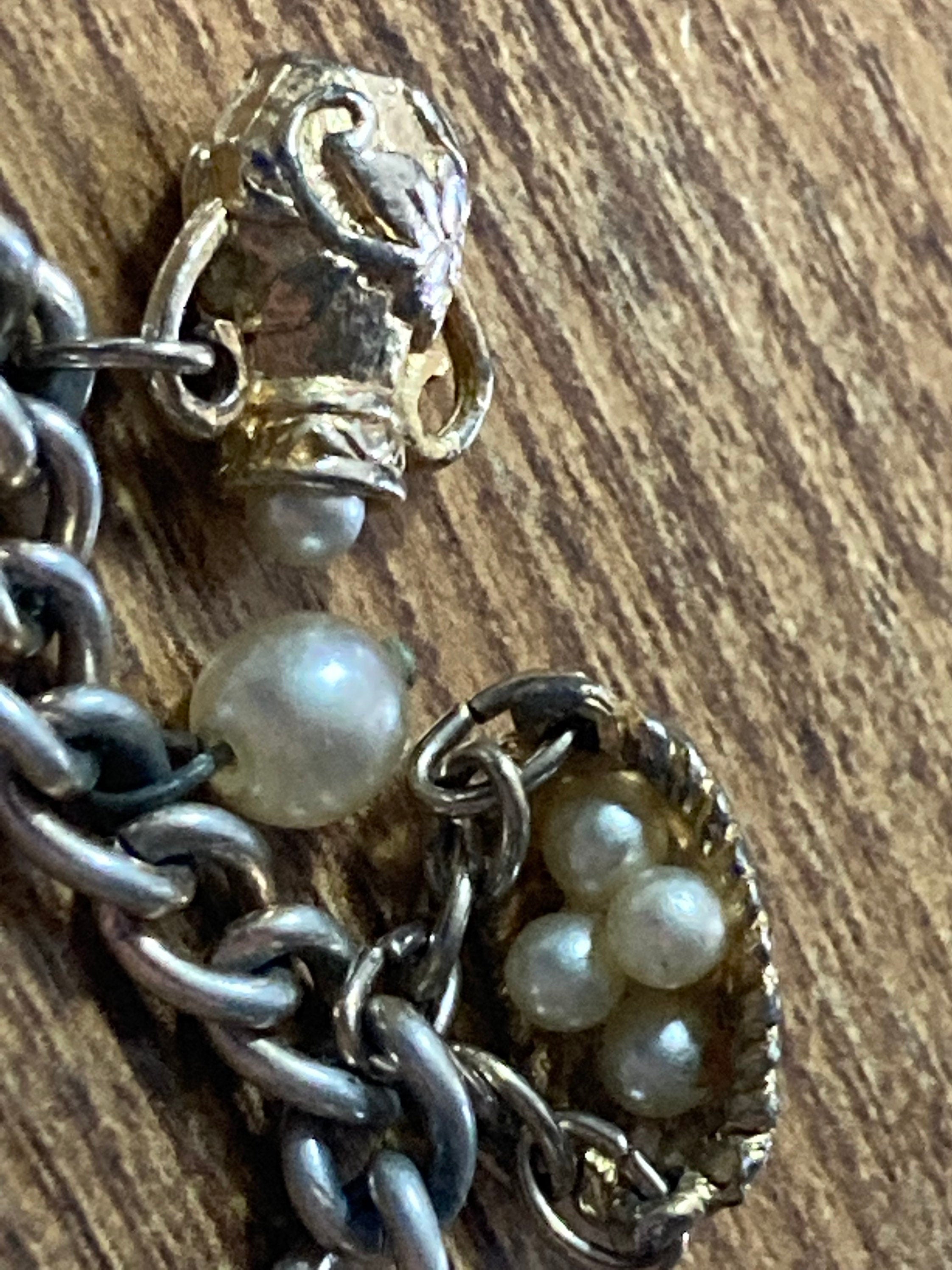 vintage 1970s charm bracelet Gold tone faux Pearl eggs in basket hat jug