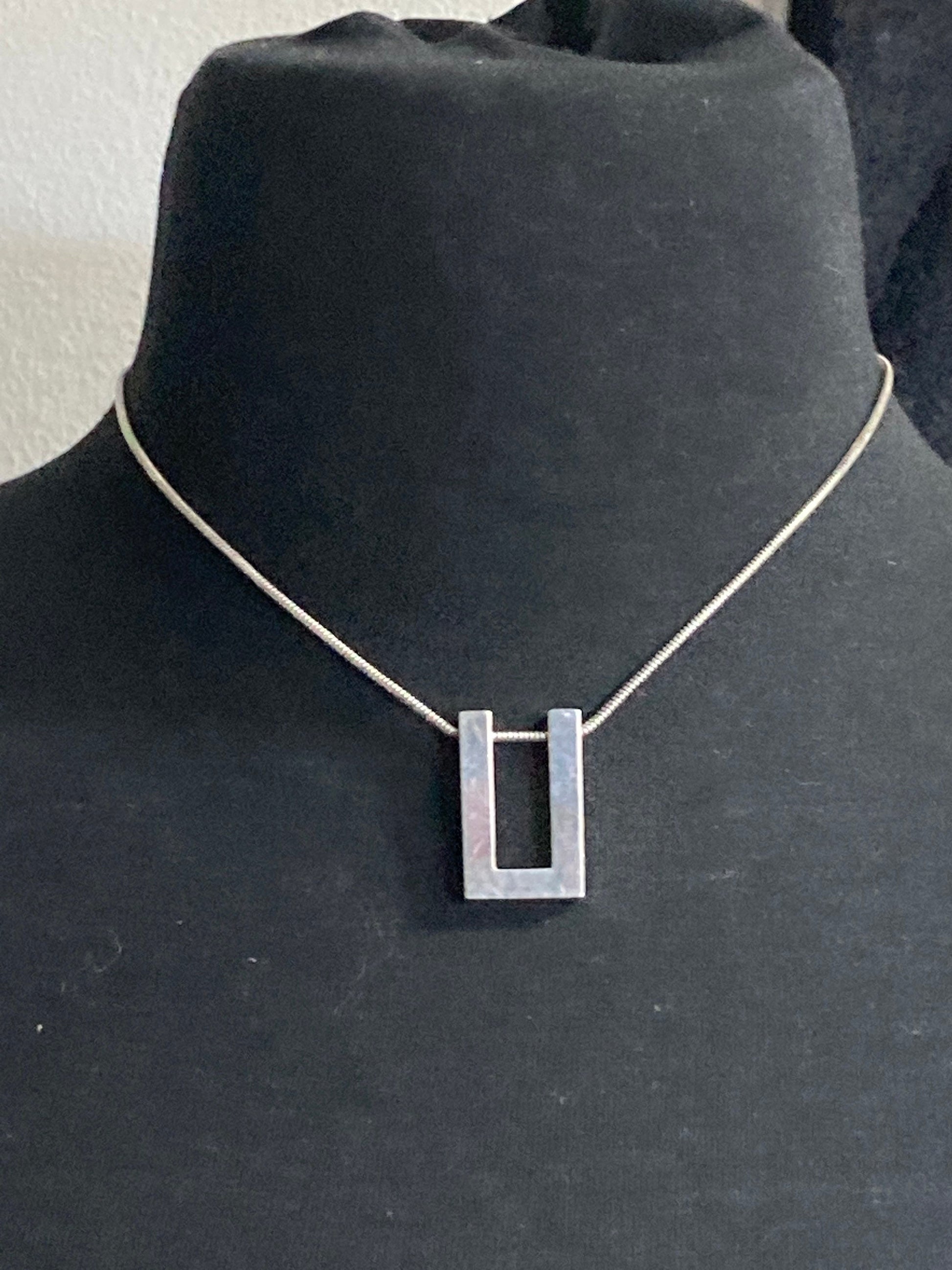 Signed SIDNEY CARRON Paris silver tone pendant and chain French designer minimalist