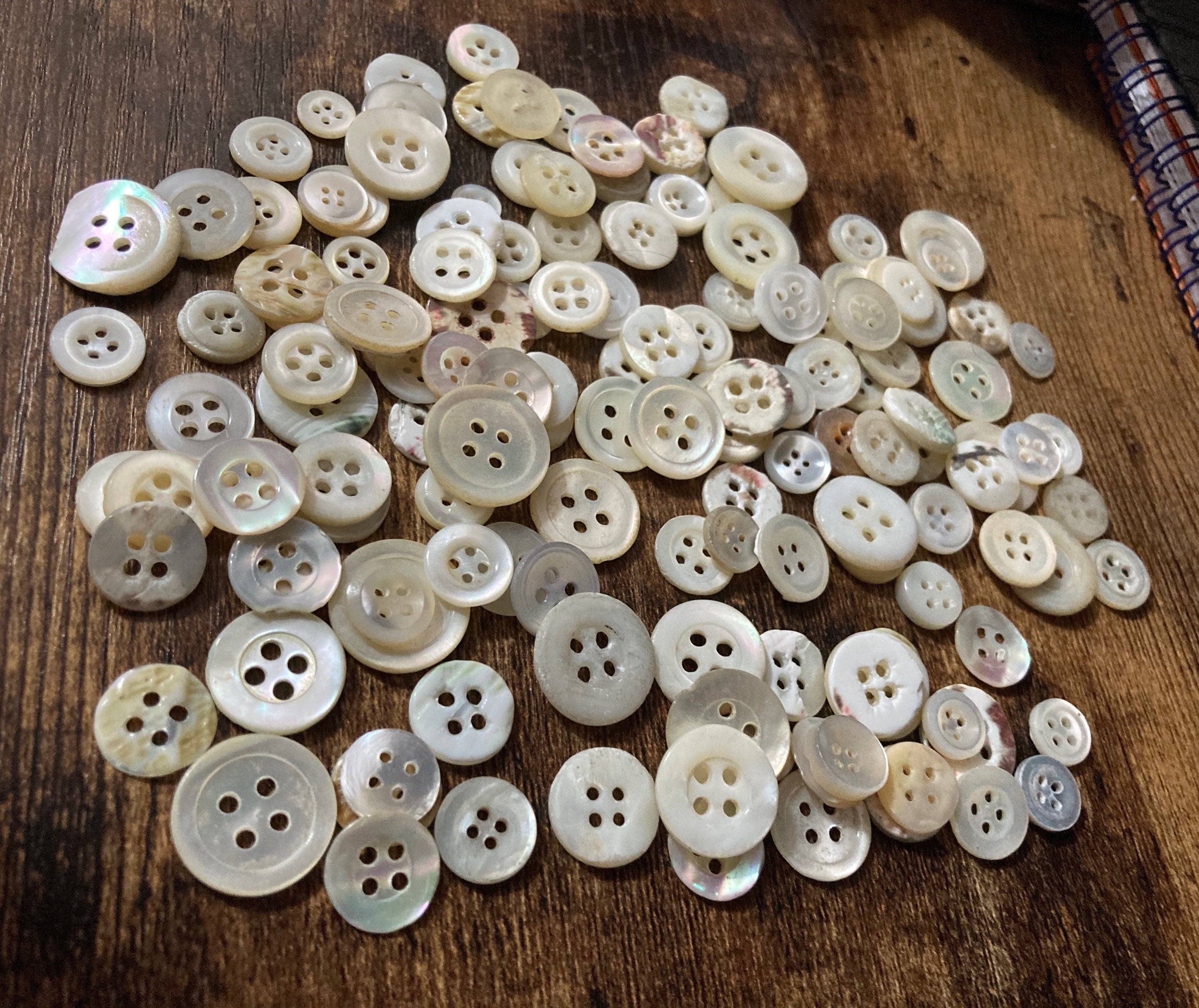 Job lot of 144 true antique buttons mother of Pearl MOP shell small with 4 holes