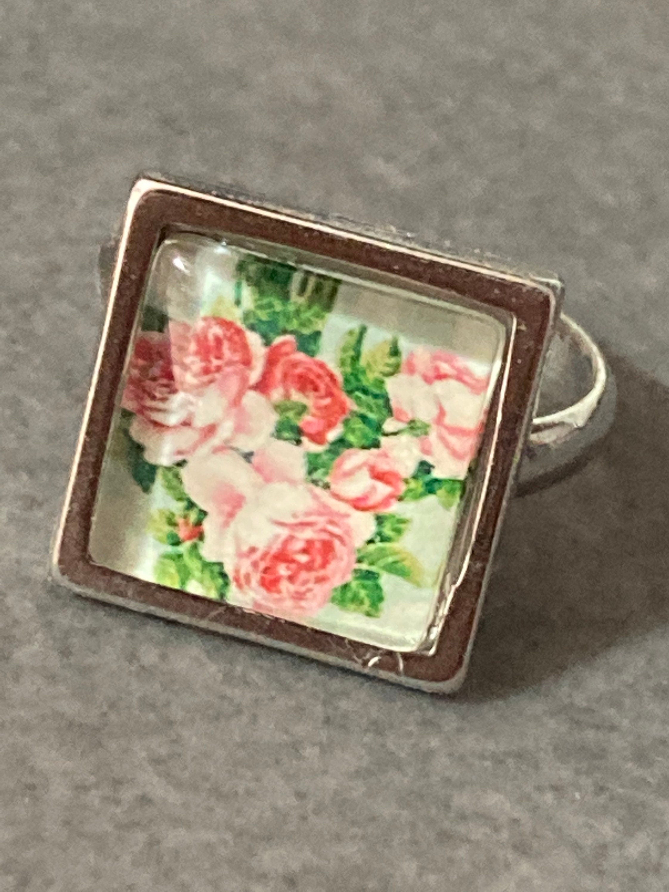 Garden roses glass dress ring 14mm square pink green floral glass cabochon handmade silver tone adjustable