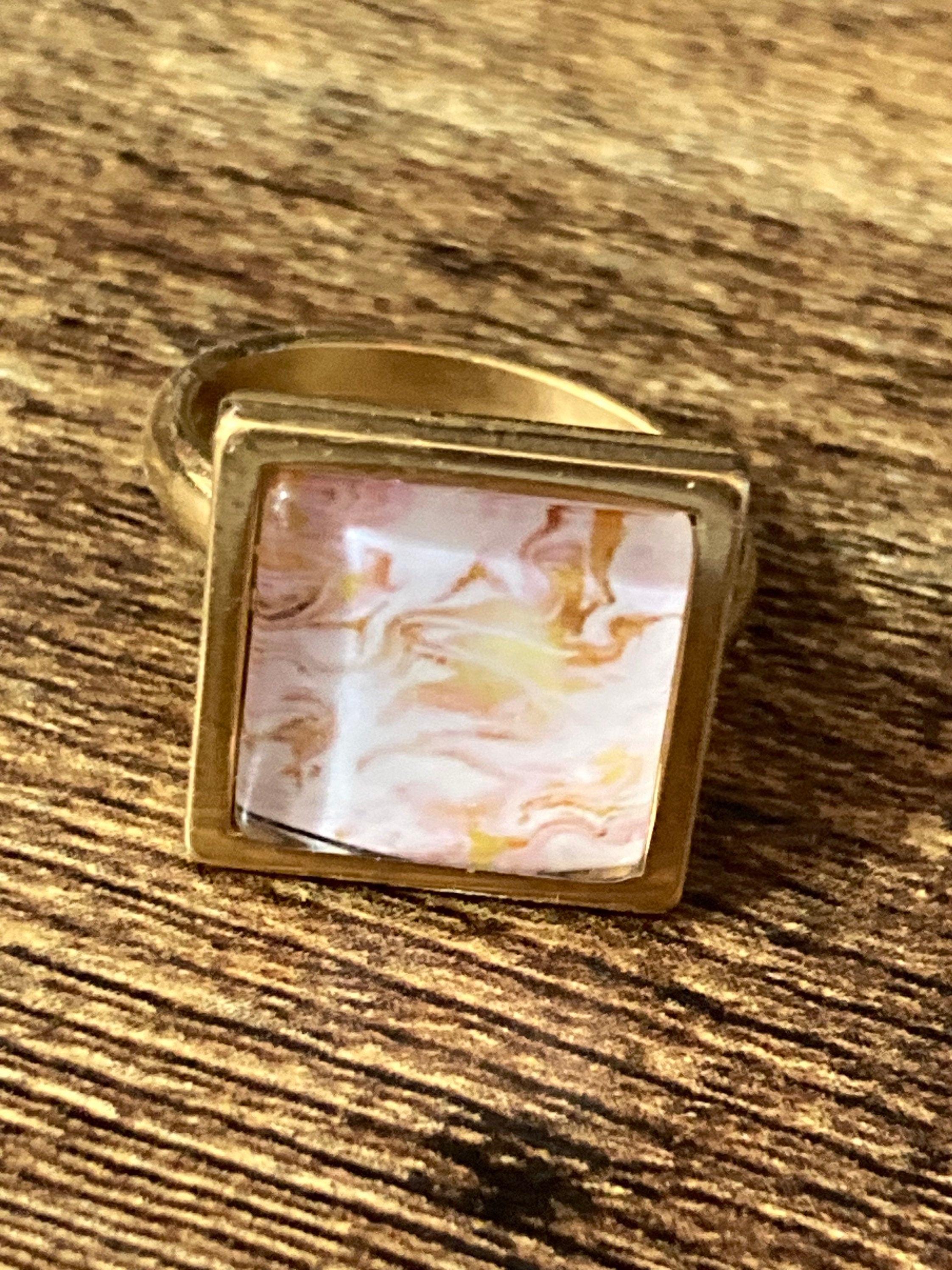 Pink and gold marble dress ring 14mm square gold tone square glass cabochon