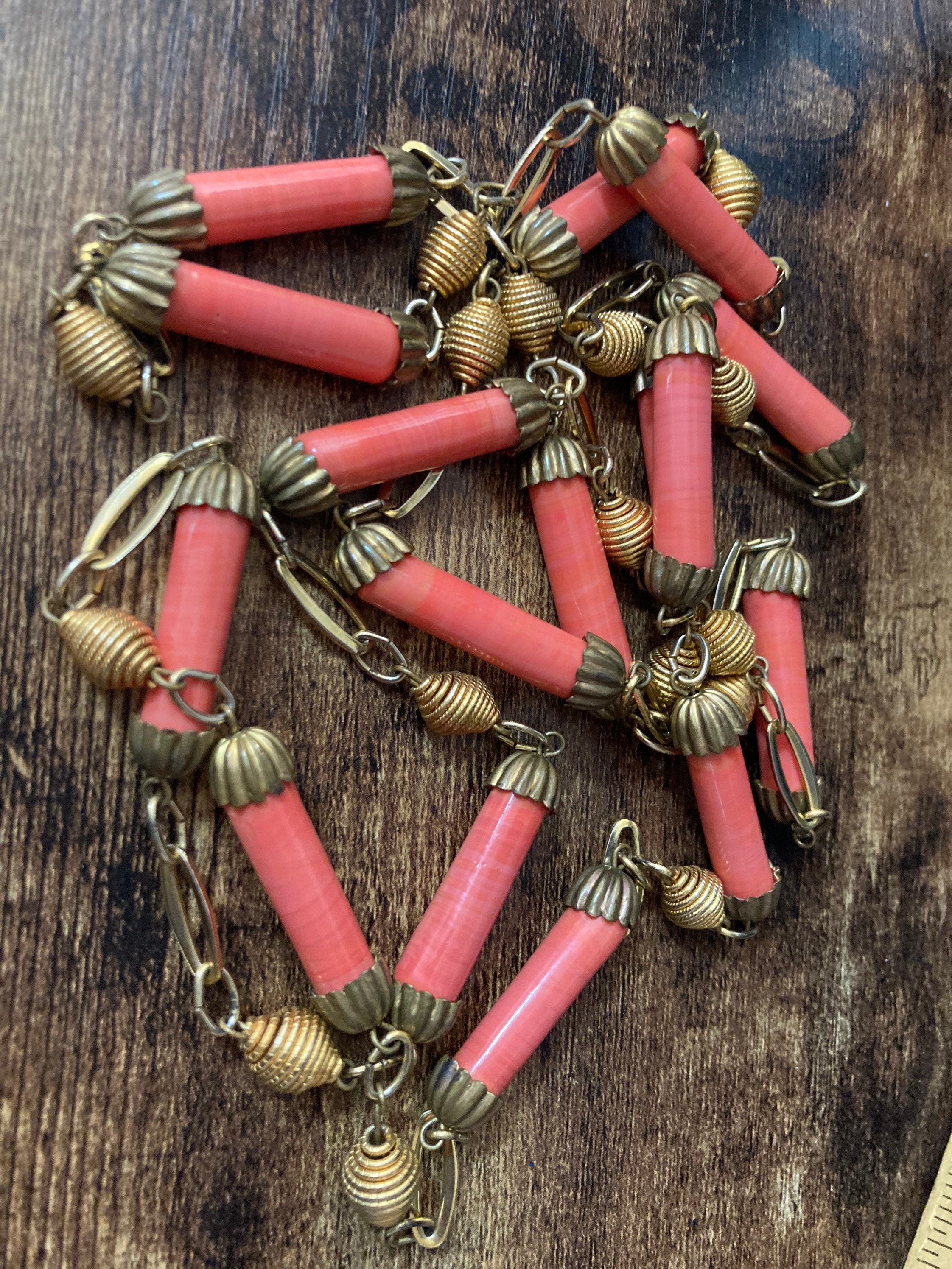 ceramic gold tone coral pink beaded flapper length station necklace 140cm long