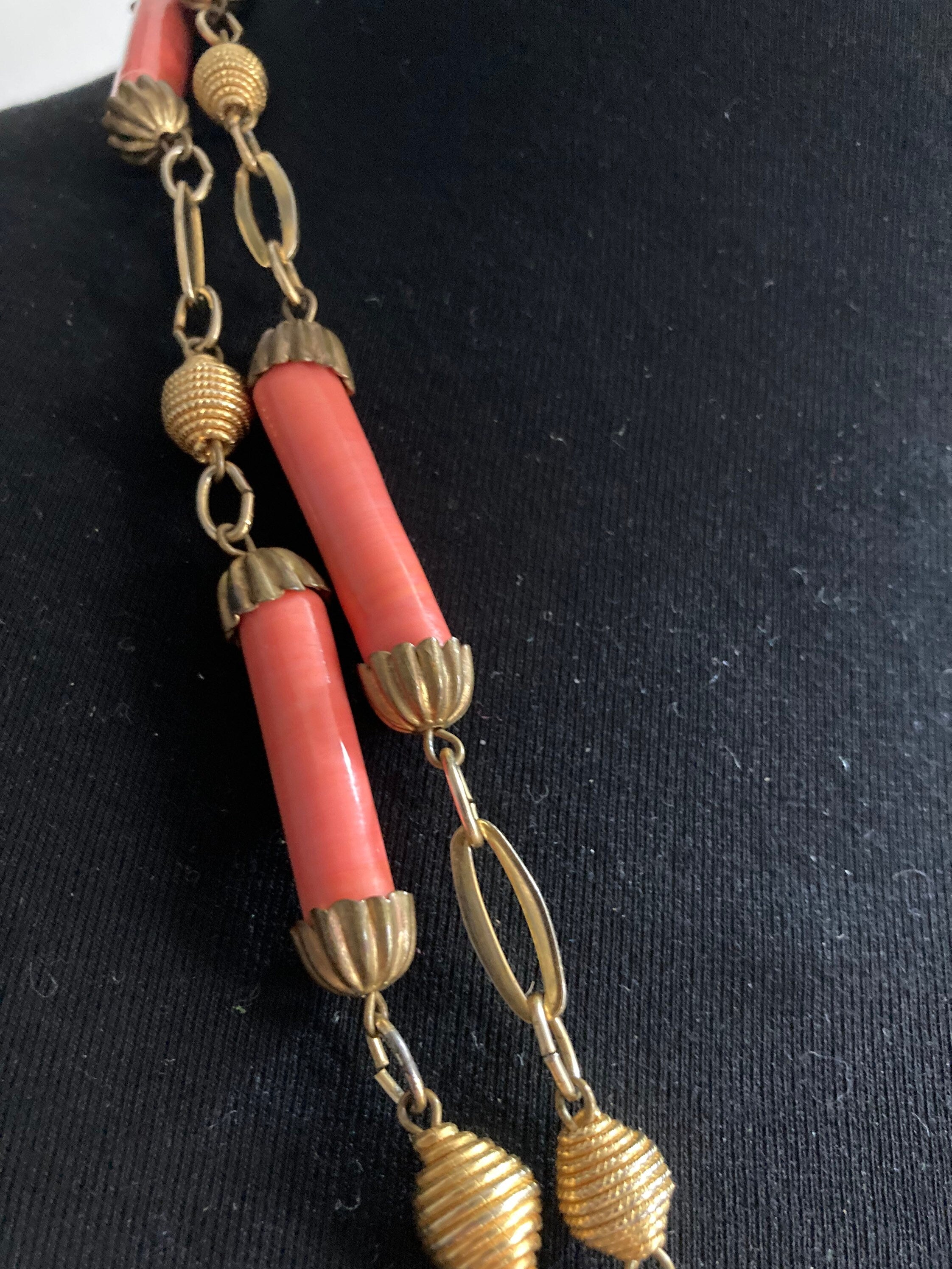 ceramic gold tone coral pink beaded flapper length station necklace 140cm long