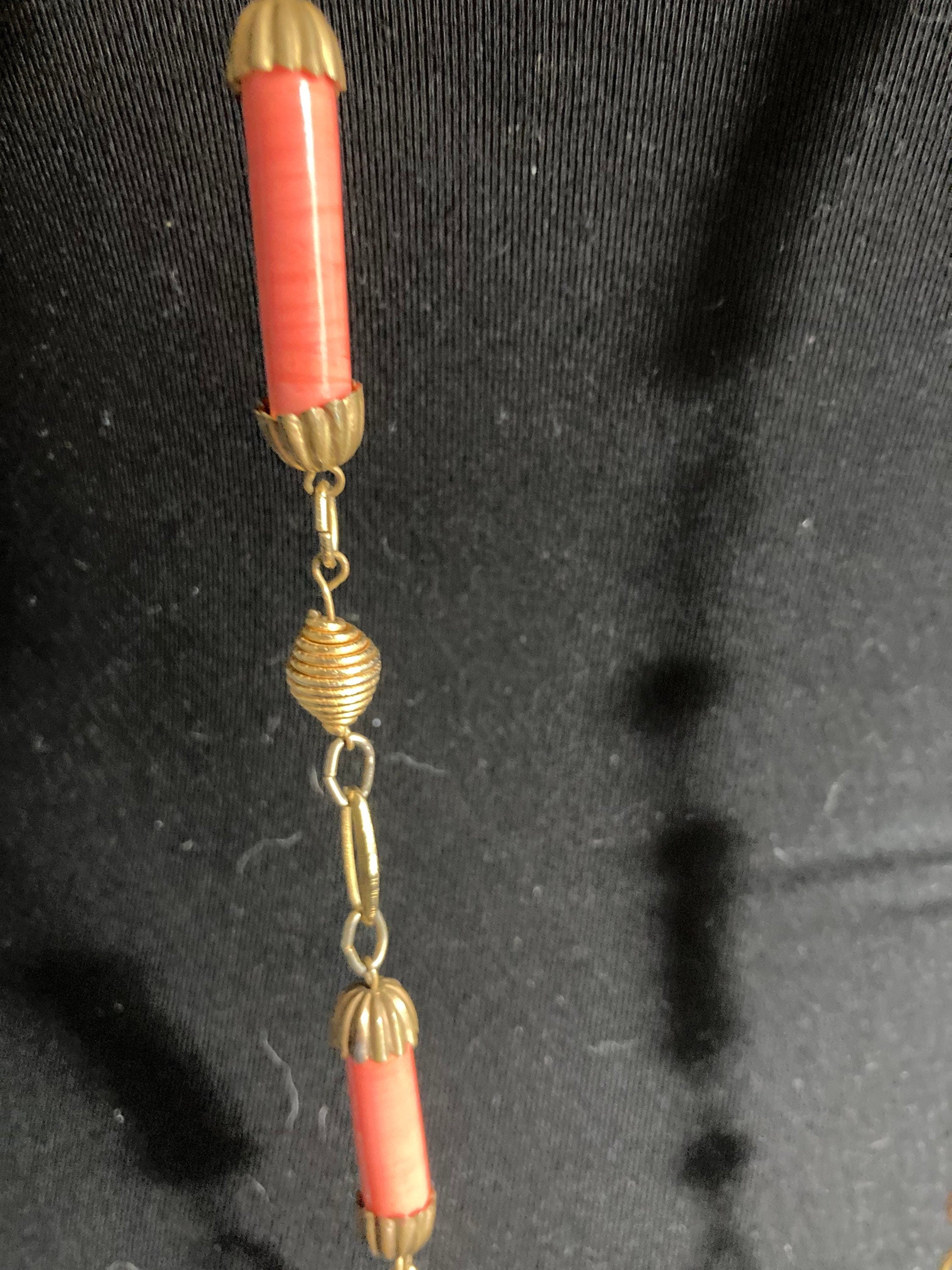 ceramic gold tone coral pink beaded flapper length station necklace 140cm long