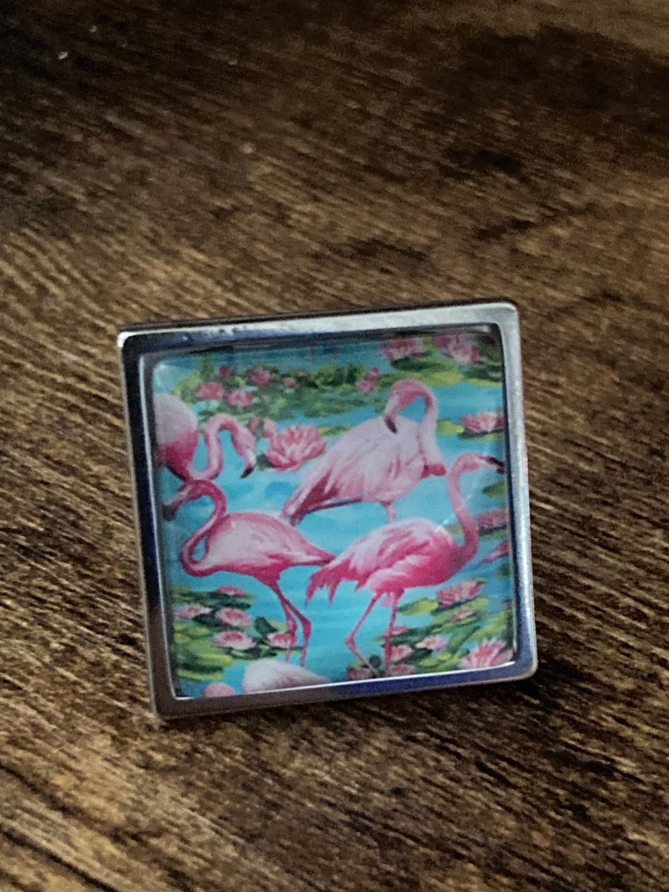 Pink flamingo ring silver stainless steel adjustable ring with central 20mm glass cabochon P Q R S T