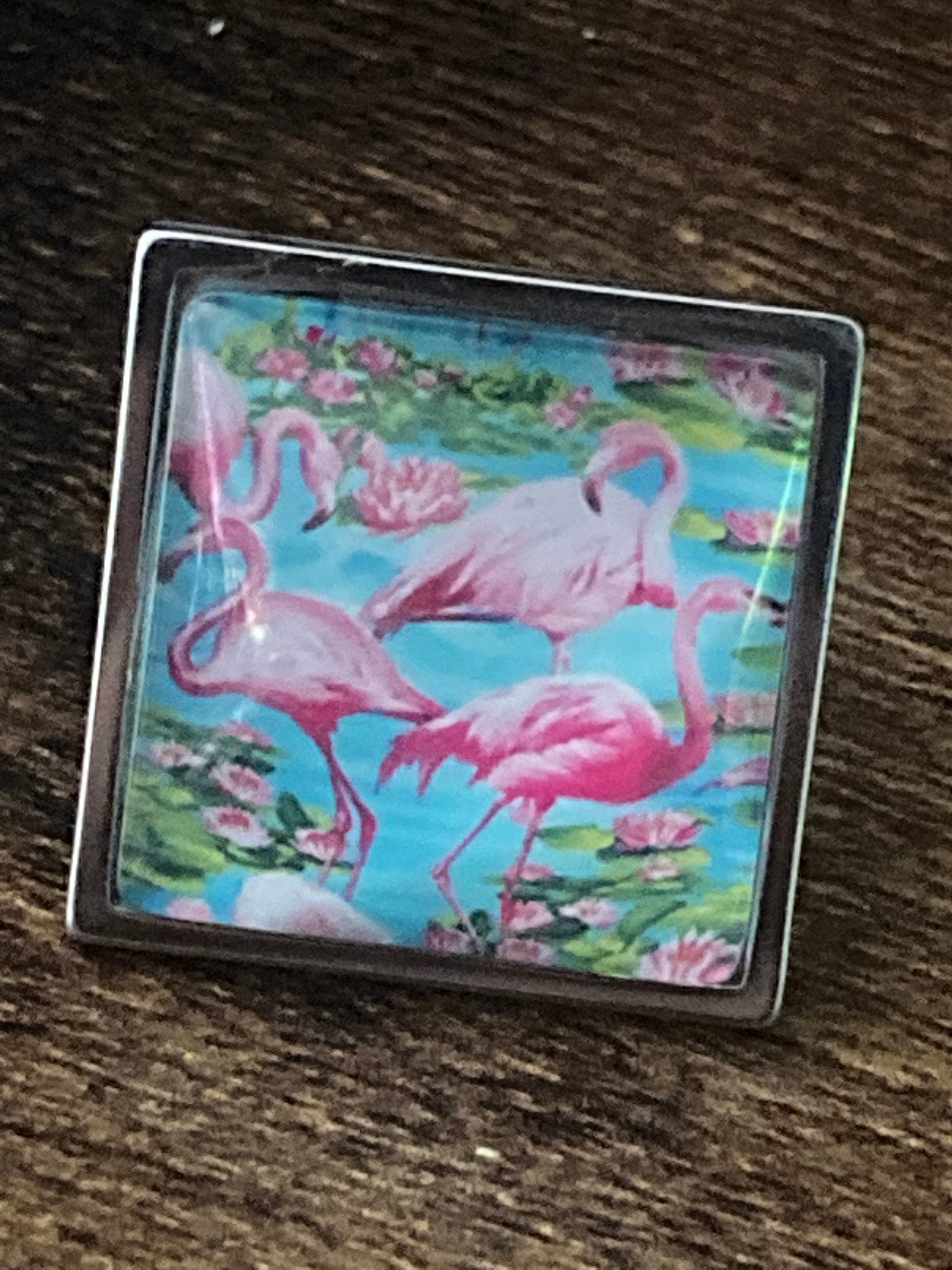 Pink flamingo ring silver stainless steel adjustable ring with central 20mm glass cabochon P Q R S T