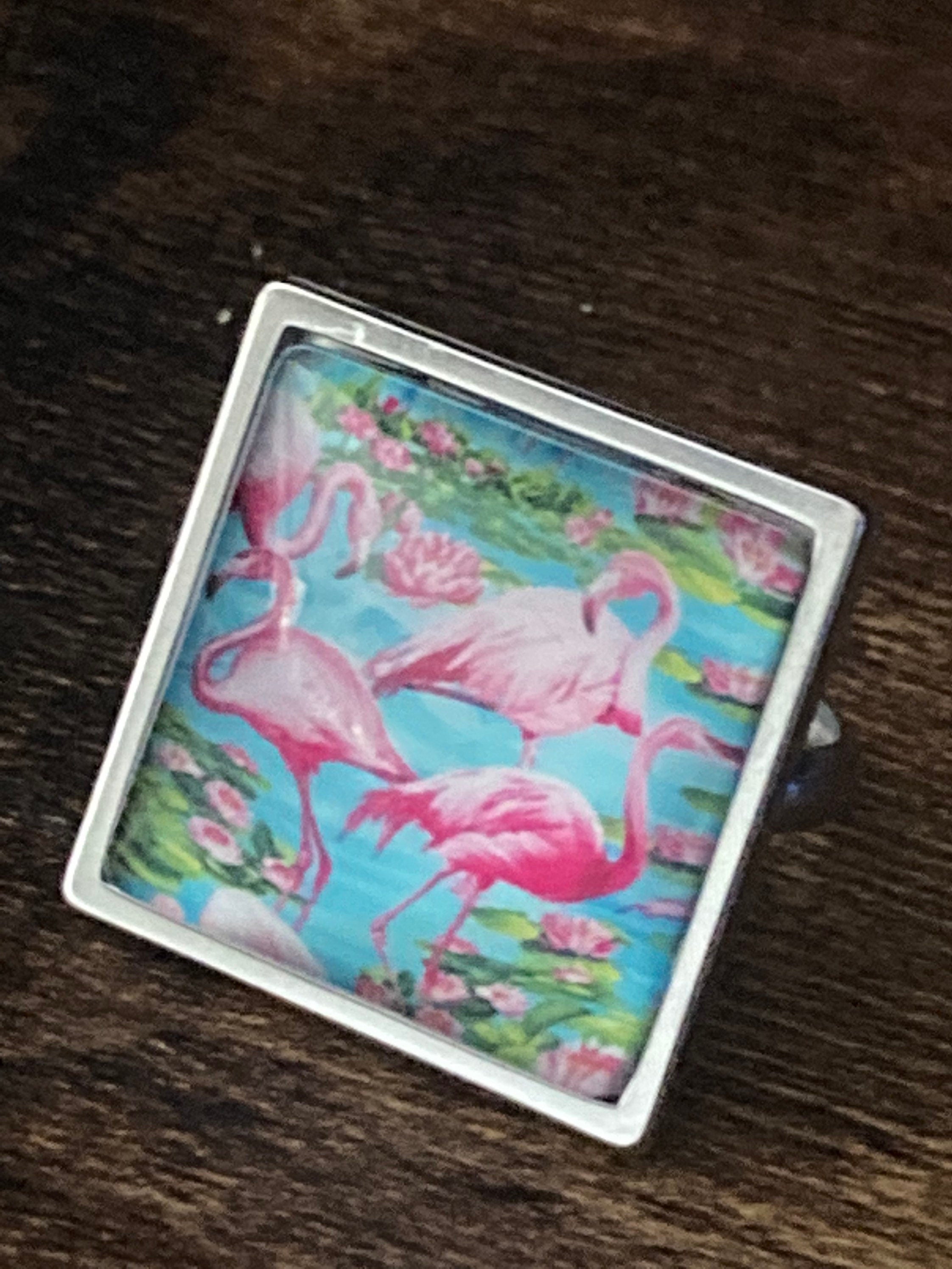 Pink flamingo ring silver stainless steel adjustable ring with central 20mm glass cabochon P Q R S T