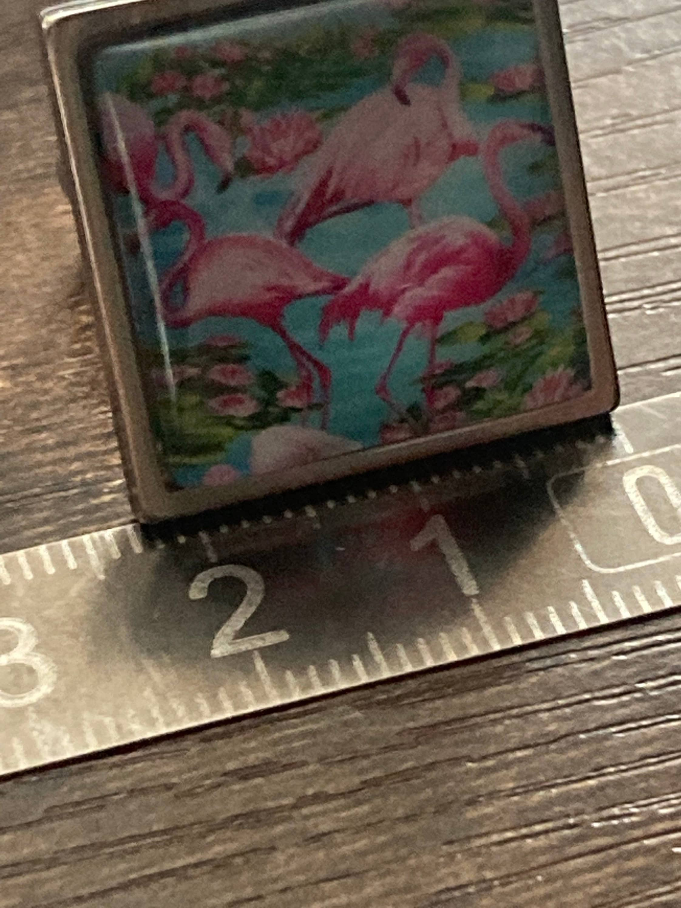 Pink flamingo ring silver stainless steel adjustable ring with central 20mm glass cabochon P Q R S T