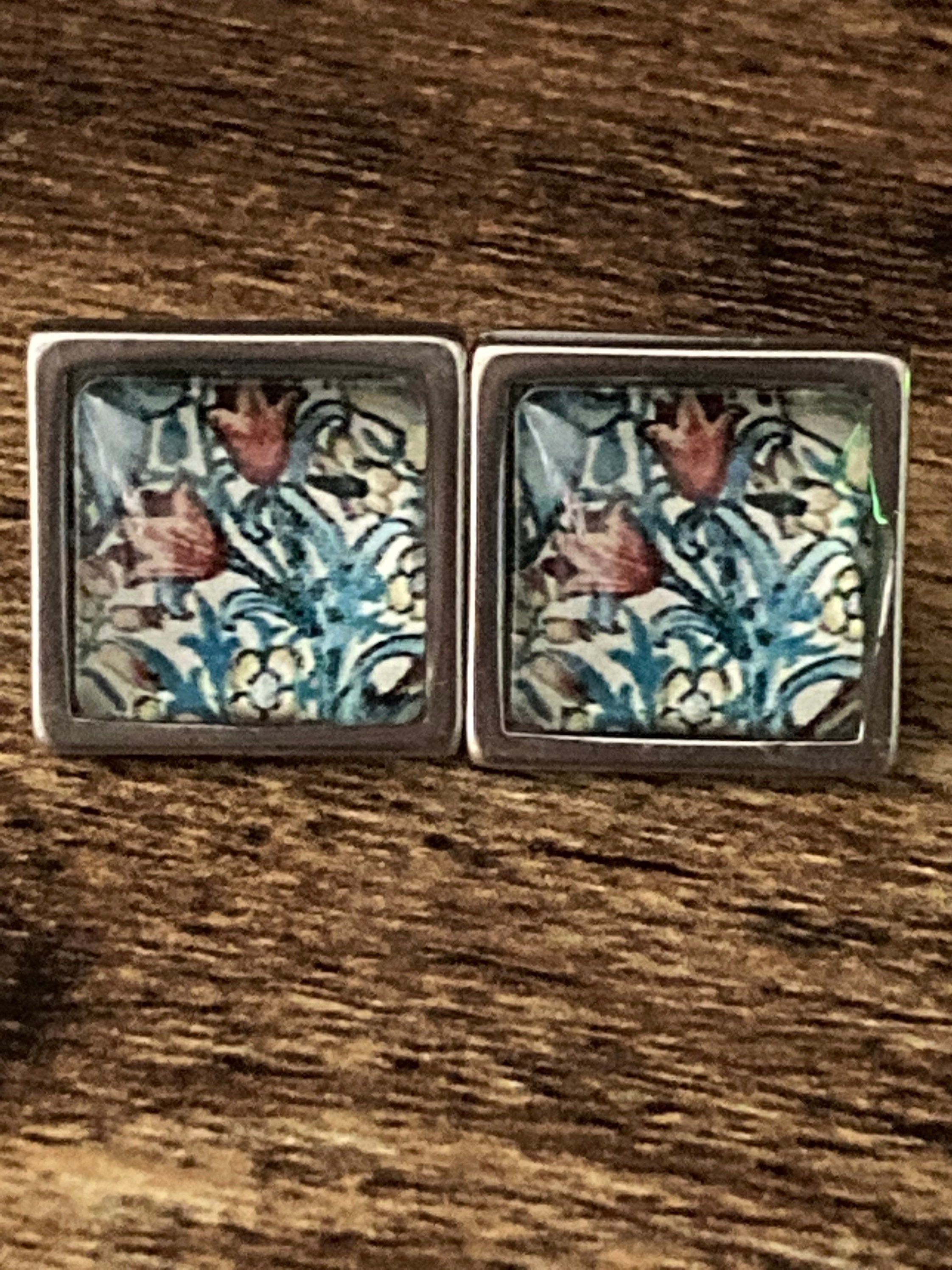 William Morris tulip print glass stud cabochon earrings stainless steel 1.5cm square