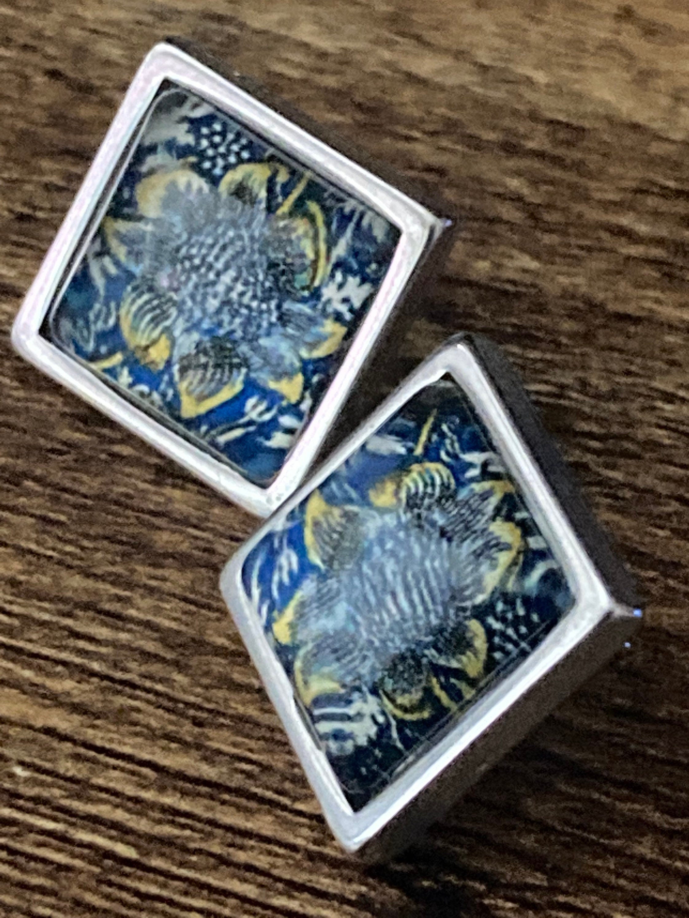 William Morris print glass stud earrings handmade sunflower stainless steel 1.5cm square