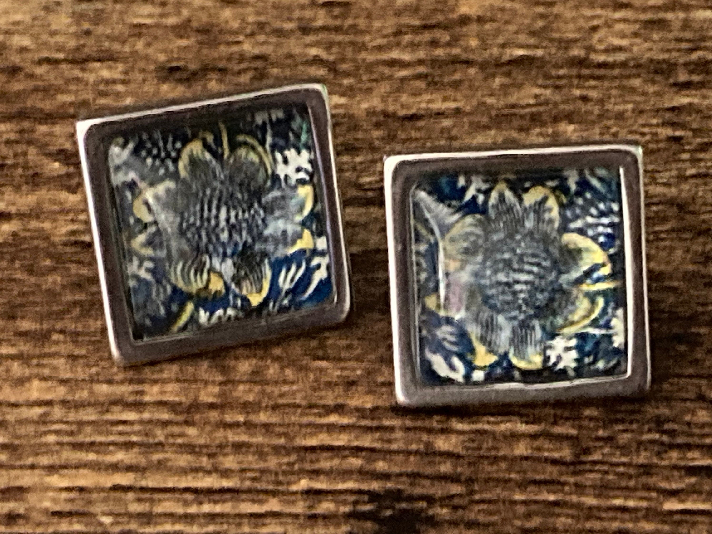 William Morris print glass stud earrings handmade sunflower stainless steel 1.5cm square