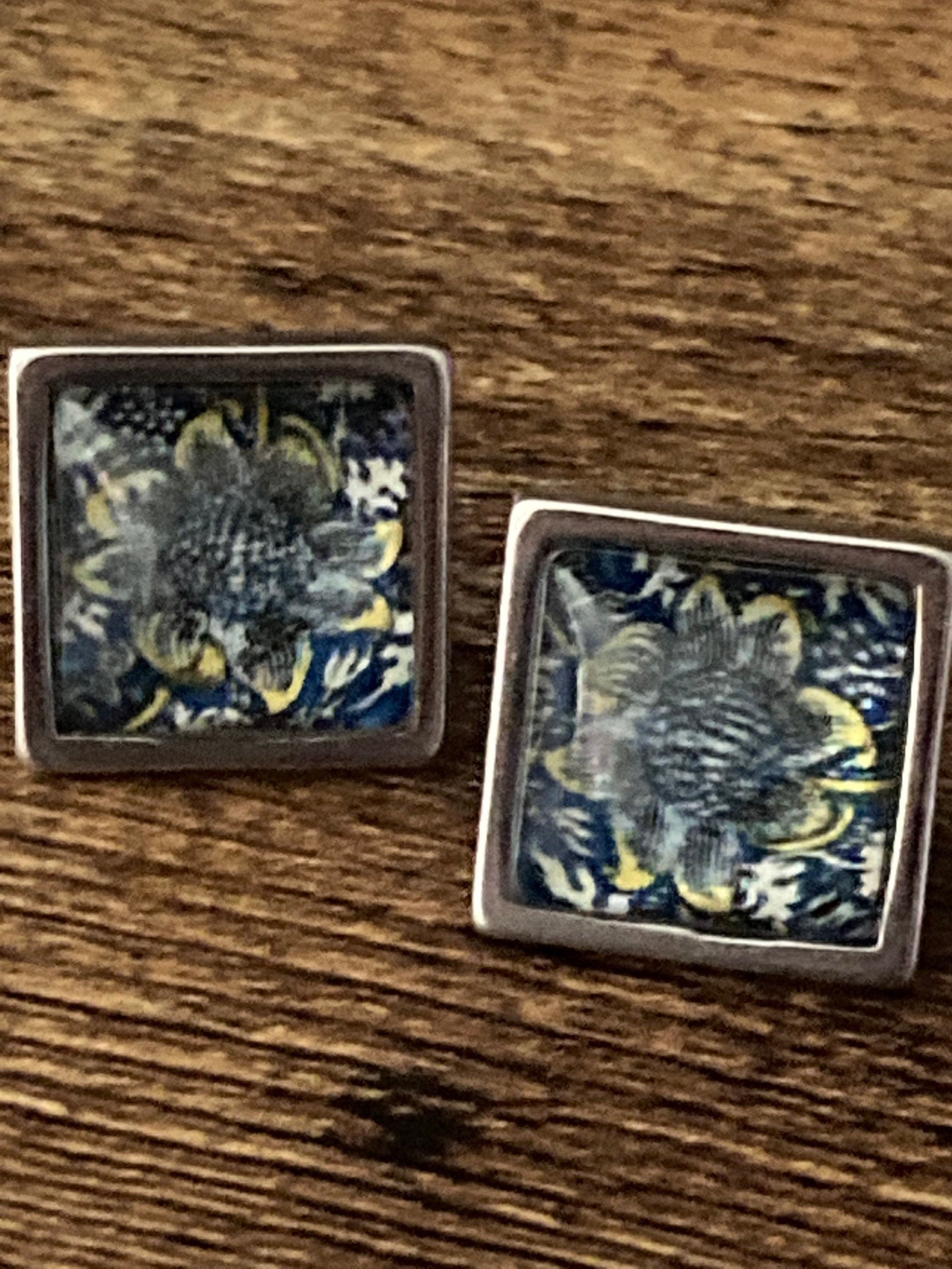 William Morris print glass stud earrings handmade sunflower stainless steel 1.5cm square