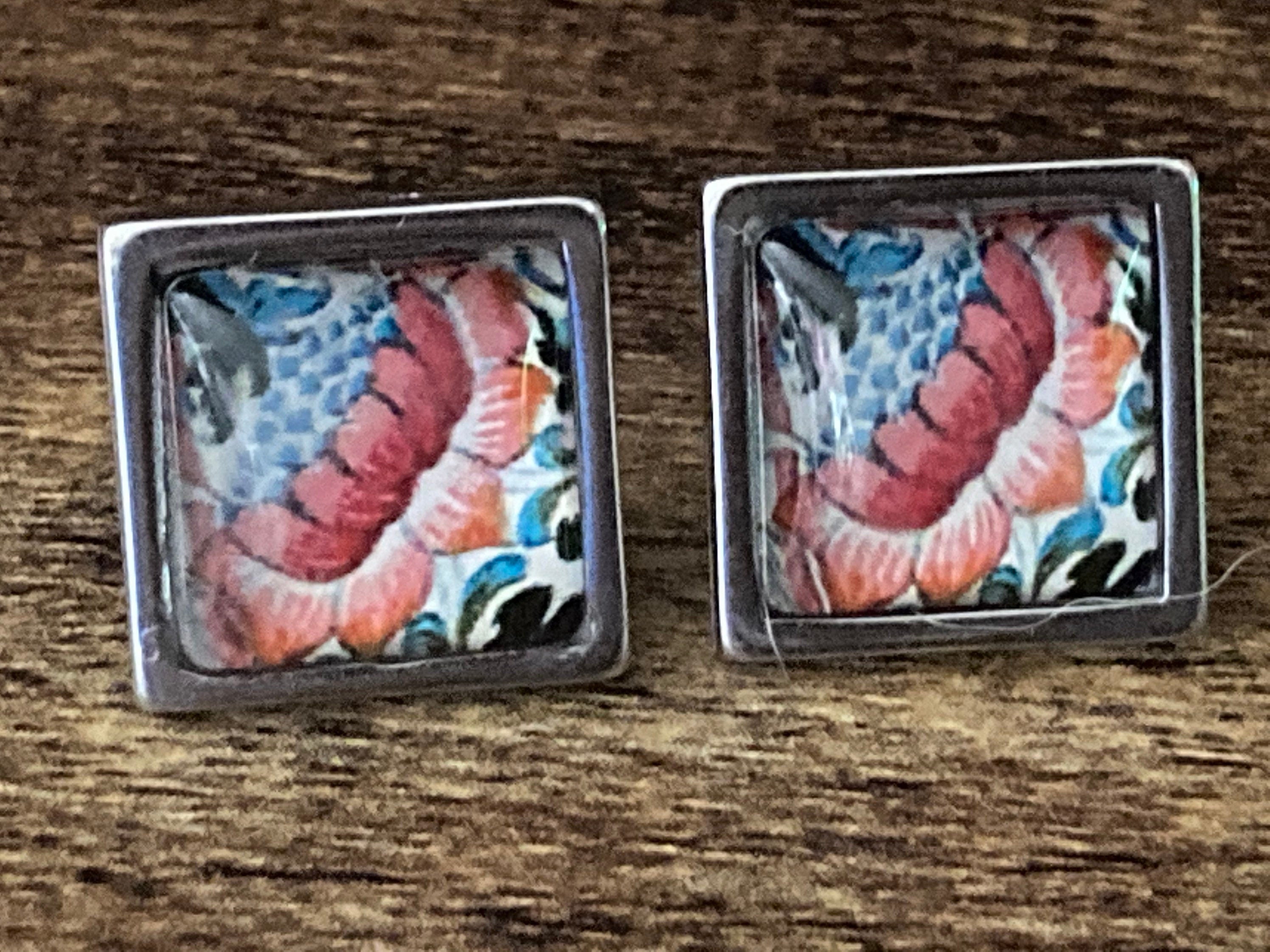 William Morris print glass stud cabochon earrings handmade stainless steel 1.5cm square