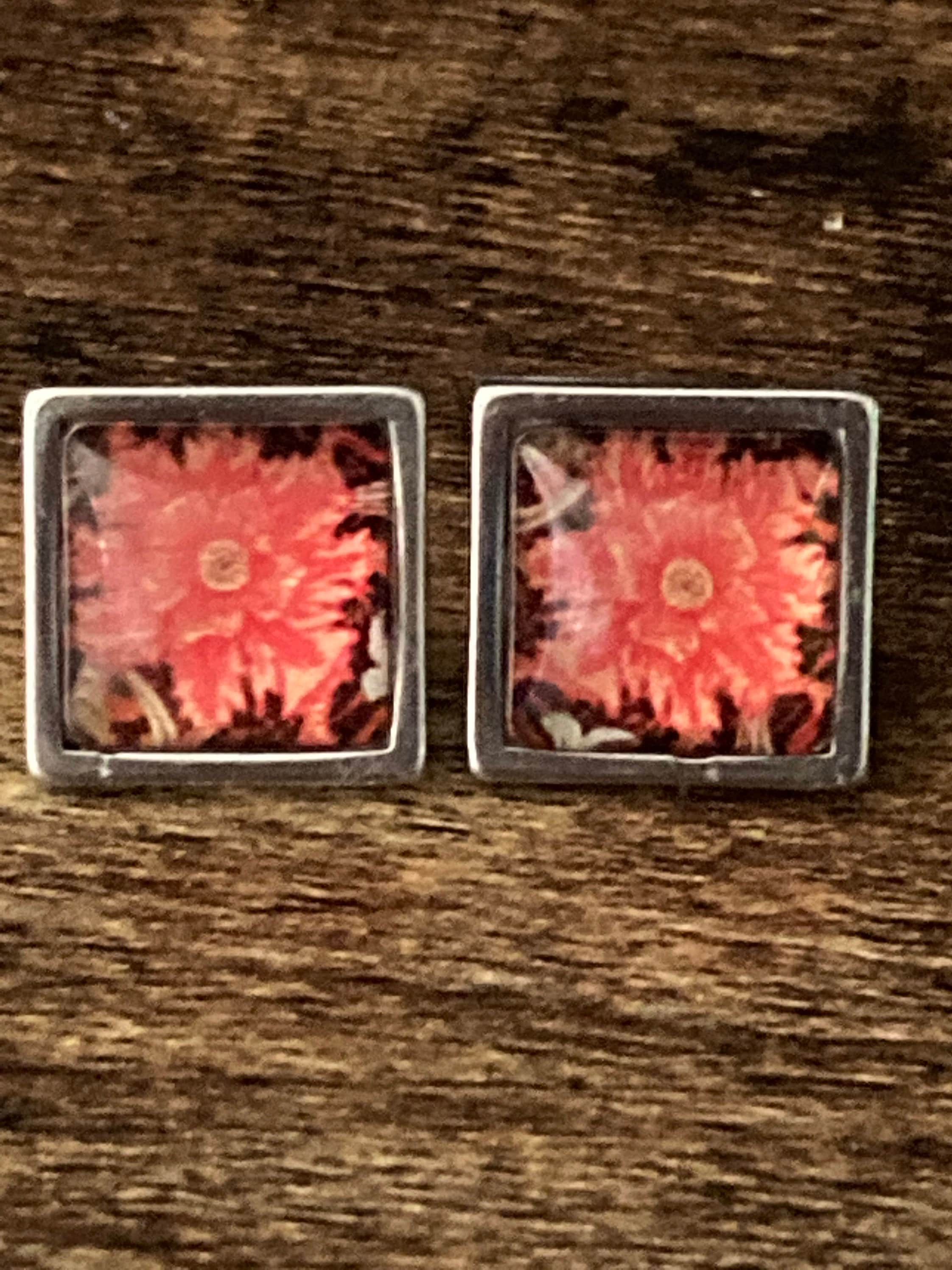 William Morris print glass stud cabochon earrings orange stainless steel 1.5cm square