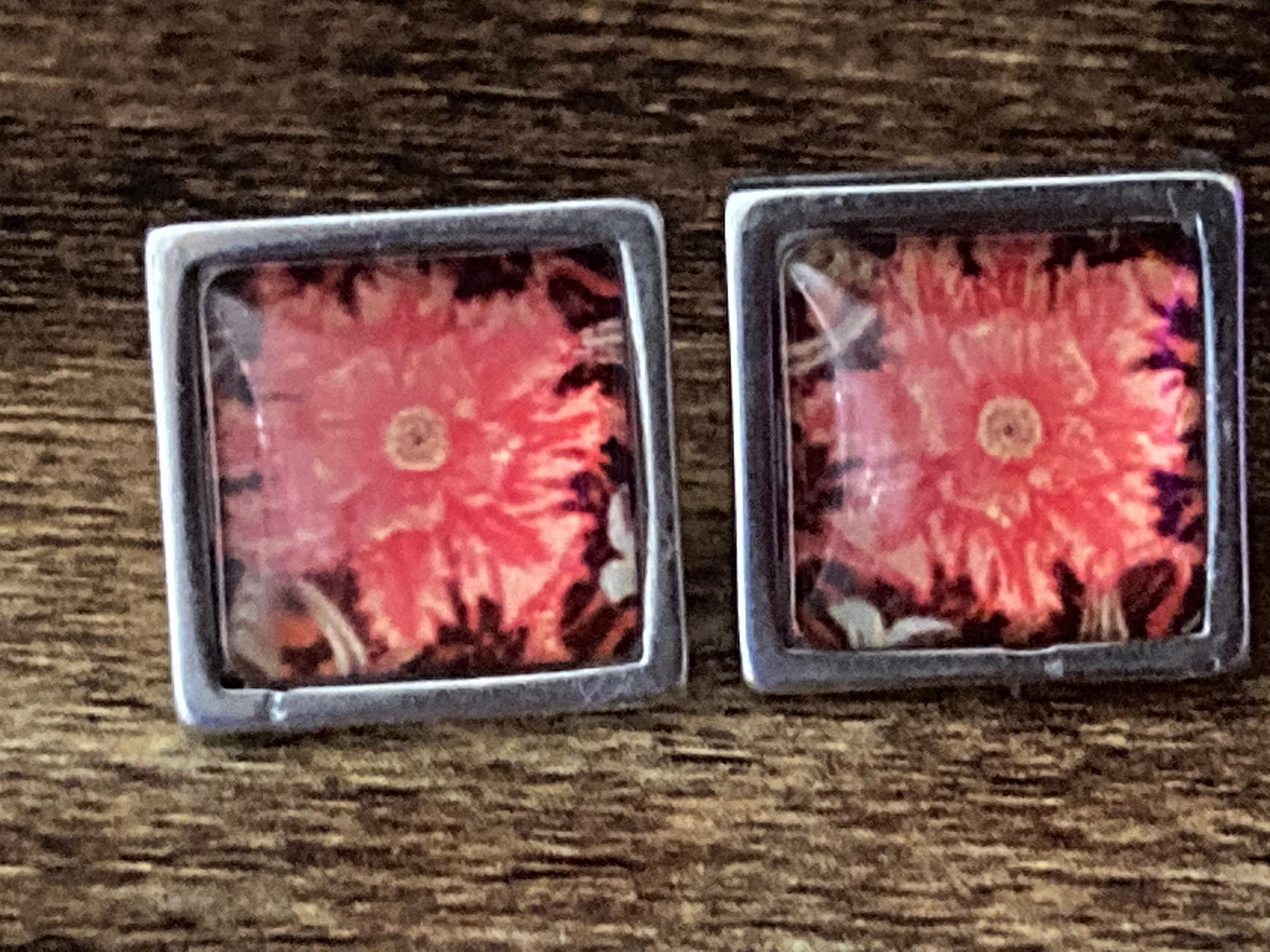 William Morris print glass stud cabochon earrings orange stainless steel 1.5cm square