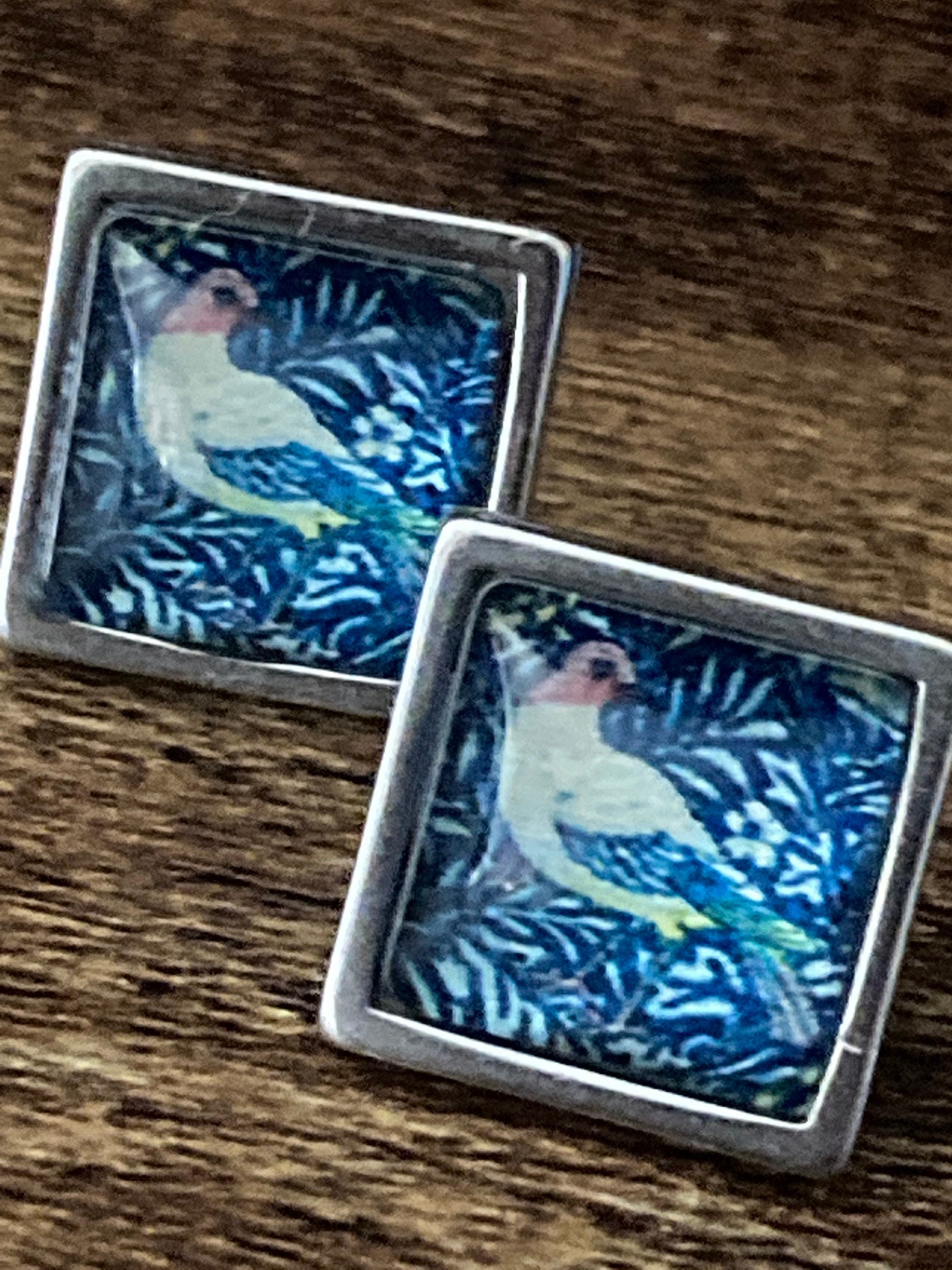 William Morris bird print glass stud cabochon earrings stainless steel 1.5cm square