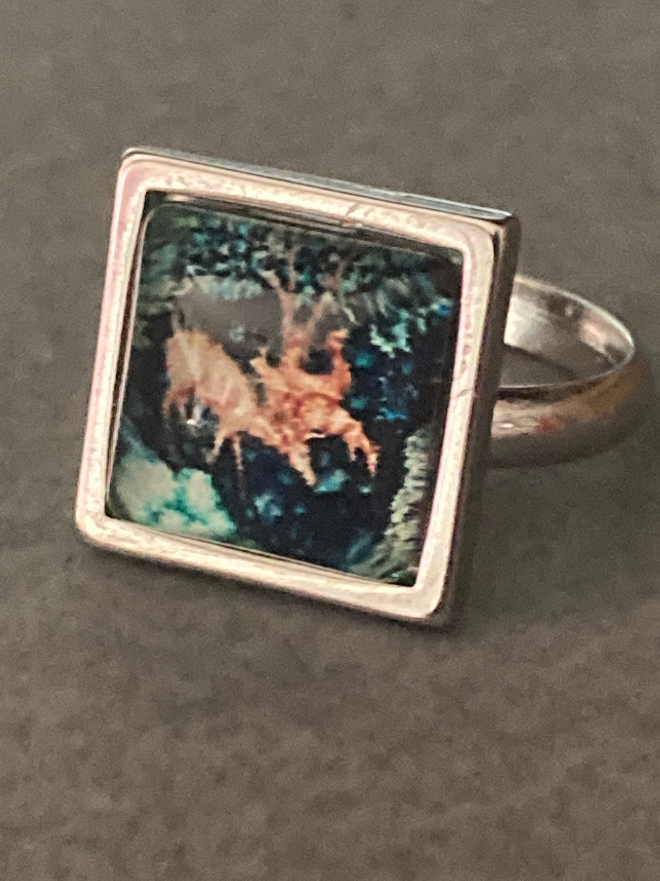 Woodland deer stainless steel William Morris ring adj size N O P Q R S