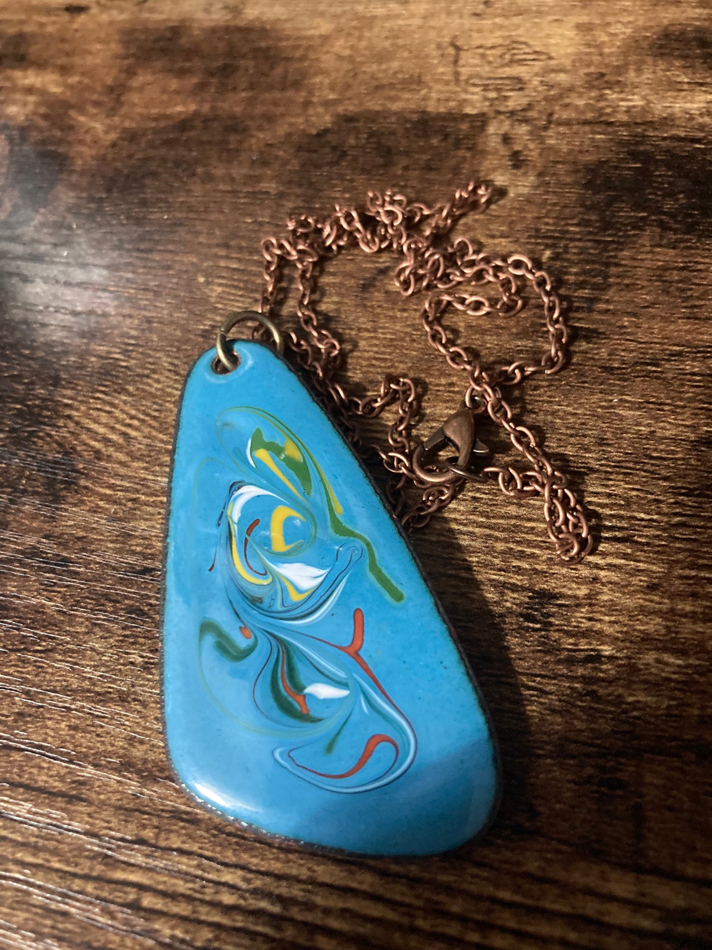 1970s original copper turquoise BLUE coloured enamel pendant on a new copper tone long 68cm / 27” chain with lobster clasp 6cm pendant