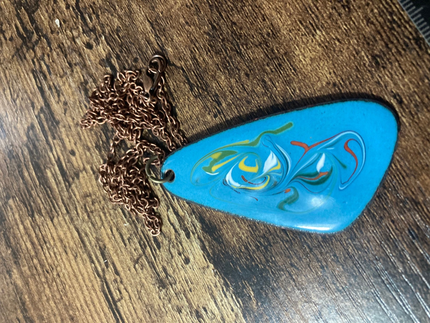 1970s original copper turquoise BLUE coloured enamel pendant on a new copper tone long 68cm / 27” chain with lobster clasp 6cm pendant