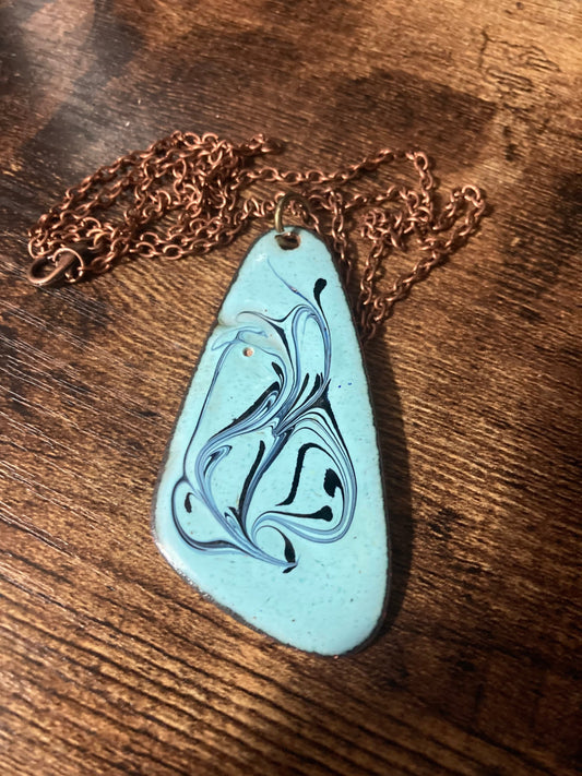 1970s original copper turquoise BLUE coloured enamel pendant on a new copper tone long 68cm / 27” chain with lobster clasp 6cm pendant