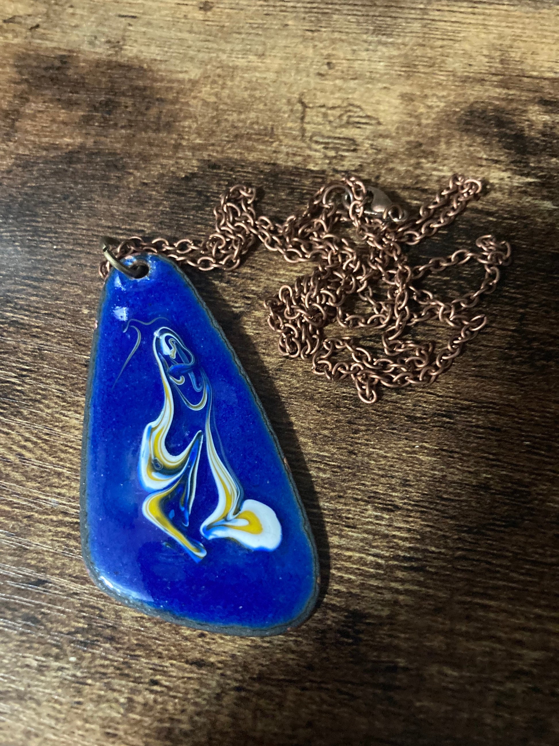 1970s original copper BLUE coloured enamel pendant on a new copper tone long 68cm / 27” chain with lobster clasp 6cm pendant