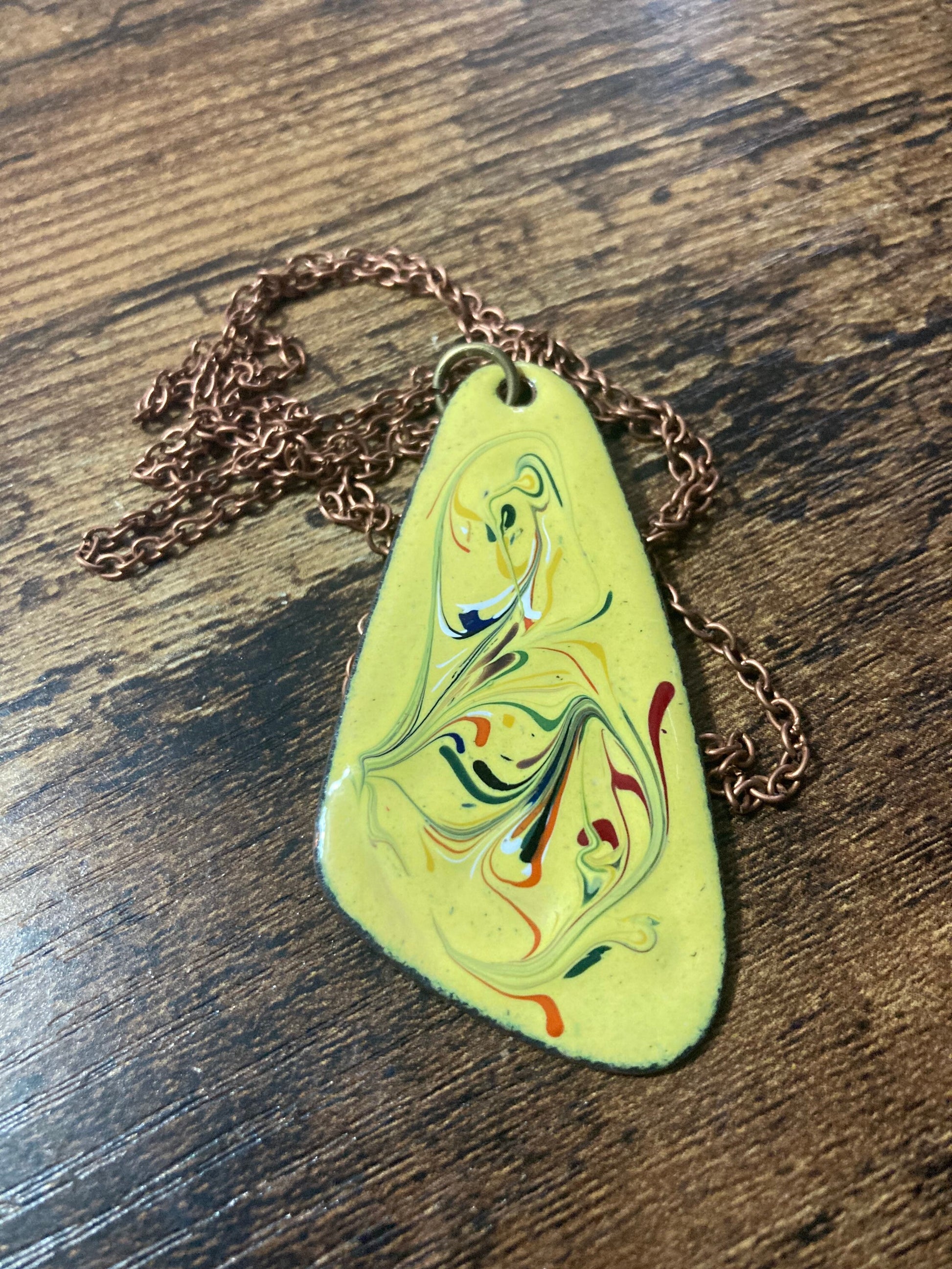 1970s original copper YELLOW coloured enamel pendant on a new copper tone long 68cm / 27” chain with lobster clasp 6cm pendant