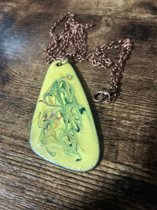 1970s original copper YELLOW coloured enamel pendant on a new copper tone long 68cm / 27” chain with lobster clasp 6cm pendant