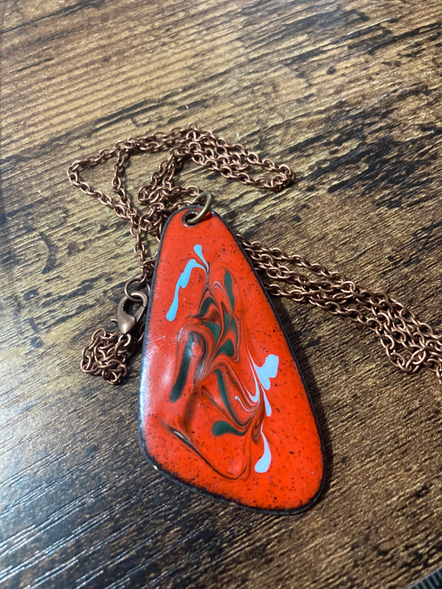 1970s original copper Bright RED coloured enamel pendant on a new copper tone long 68cm / 27” chain with lobster clasp 6cm pendant