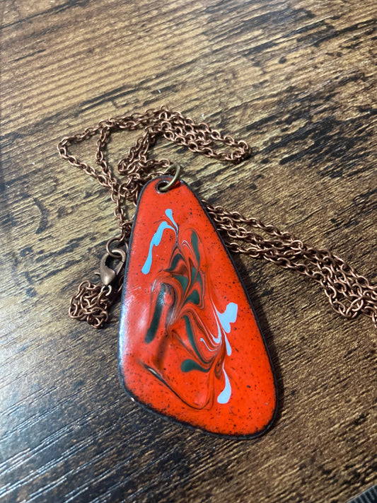 1970s original copper Bright RED coloured enamel pendant on a new copper tone long 68cm / 27” chain with lobster clasp 6cm pendant