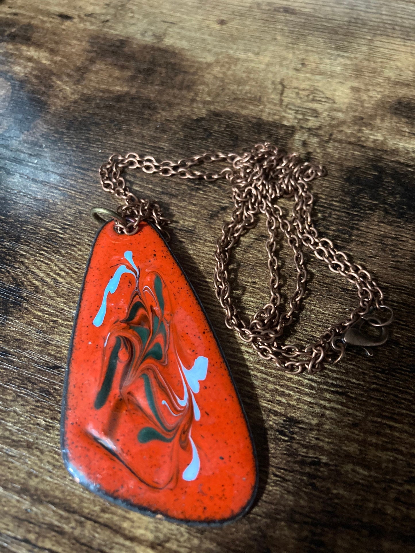 1970s original copper Bright RED coloured enamel pendant on a new copper tone long 68cm / 27” chain with lobster clasp 6cm pendant