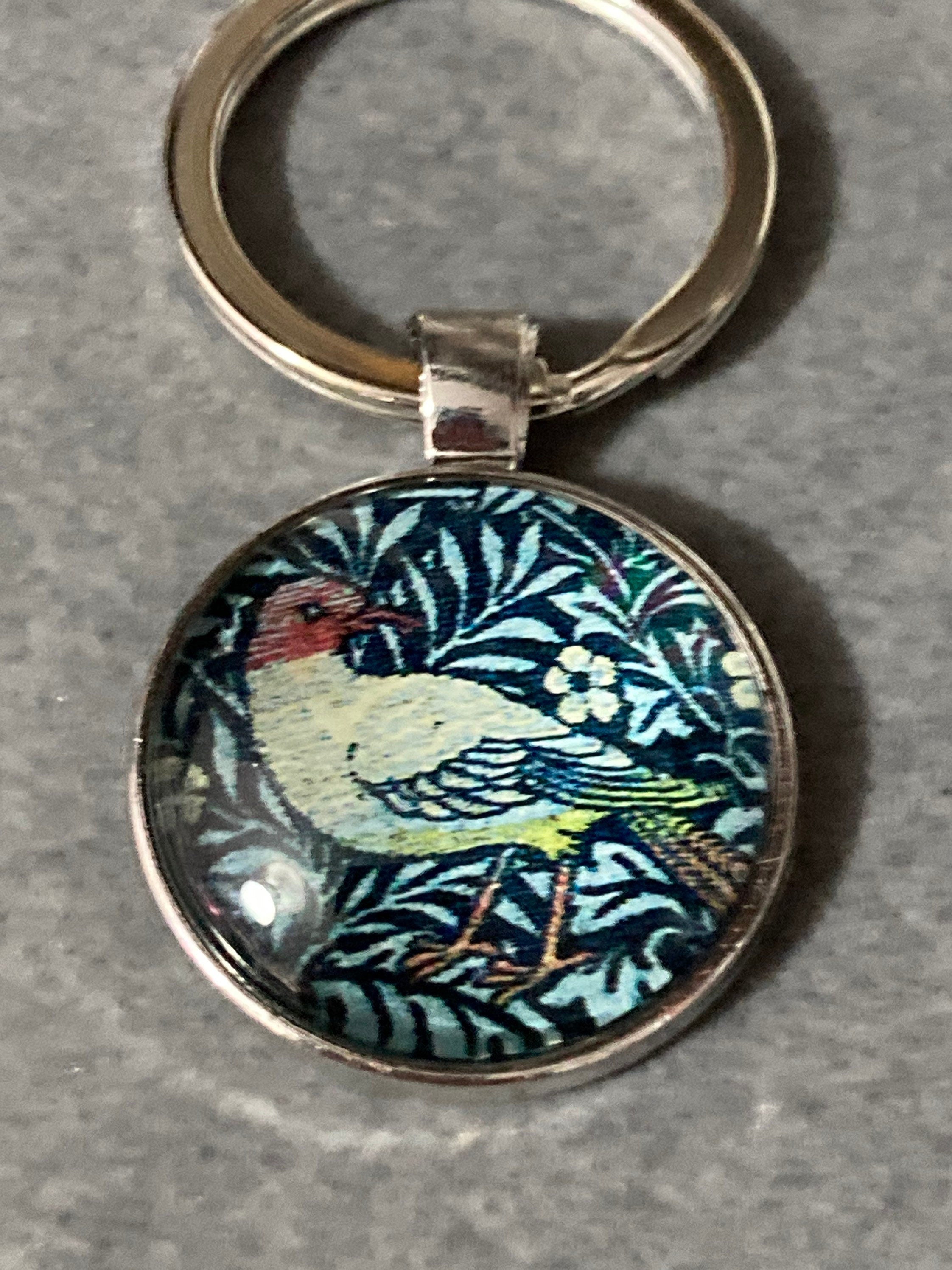 William Morris bird print keyring silver tone art nouveau handmade