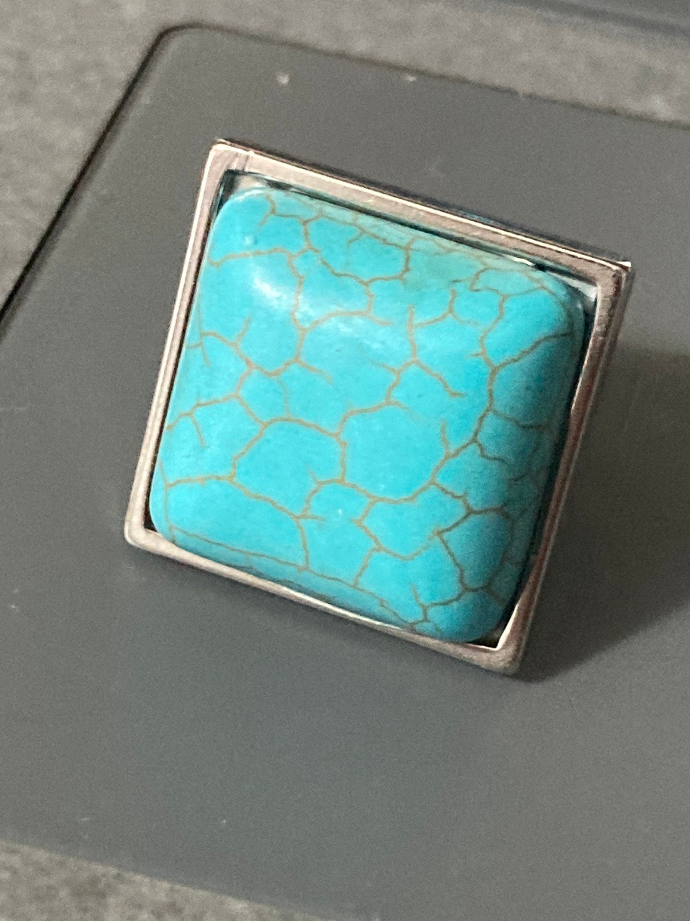 Oversized turquoise blue stone dress ring stainless steel square adjustable