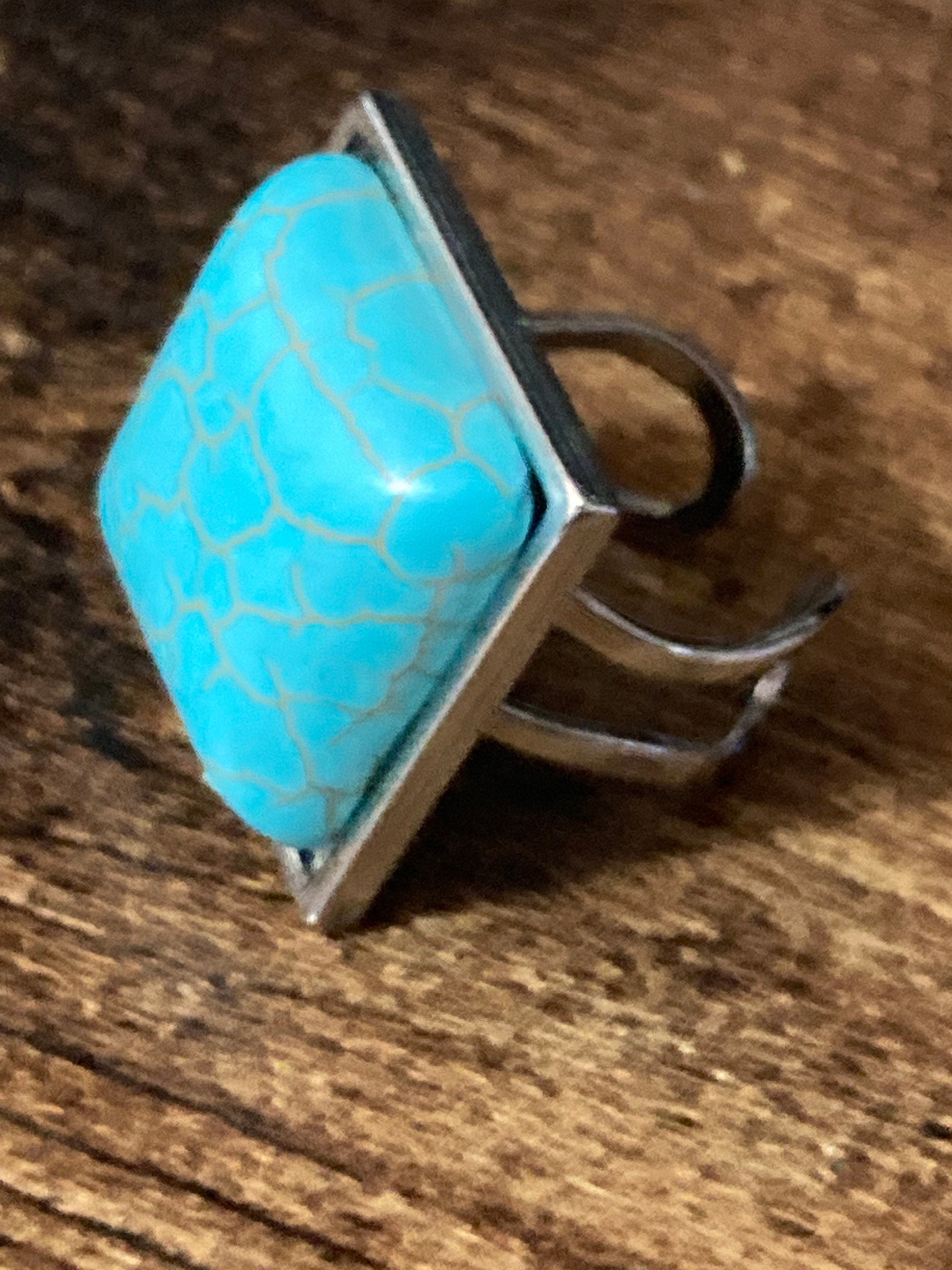 Oversized turquoise blue stone dress ring stainless steel square adjustable