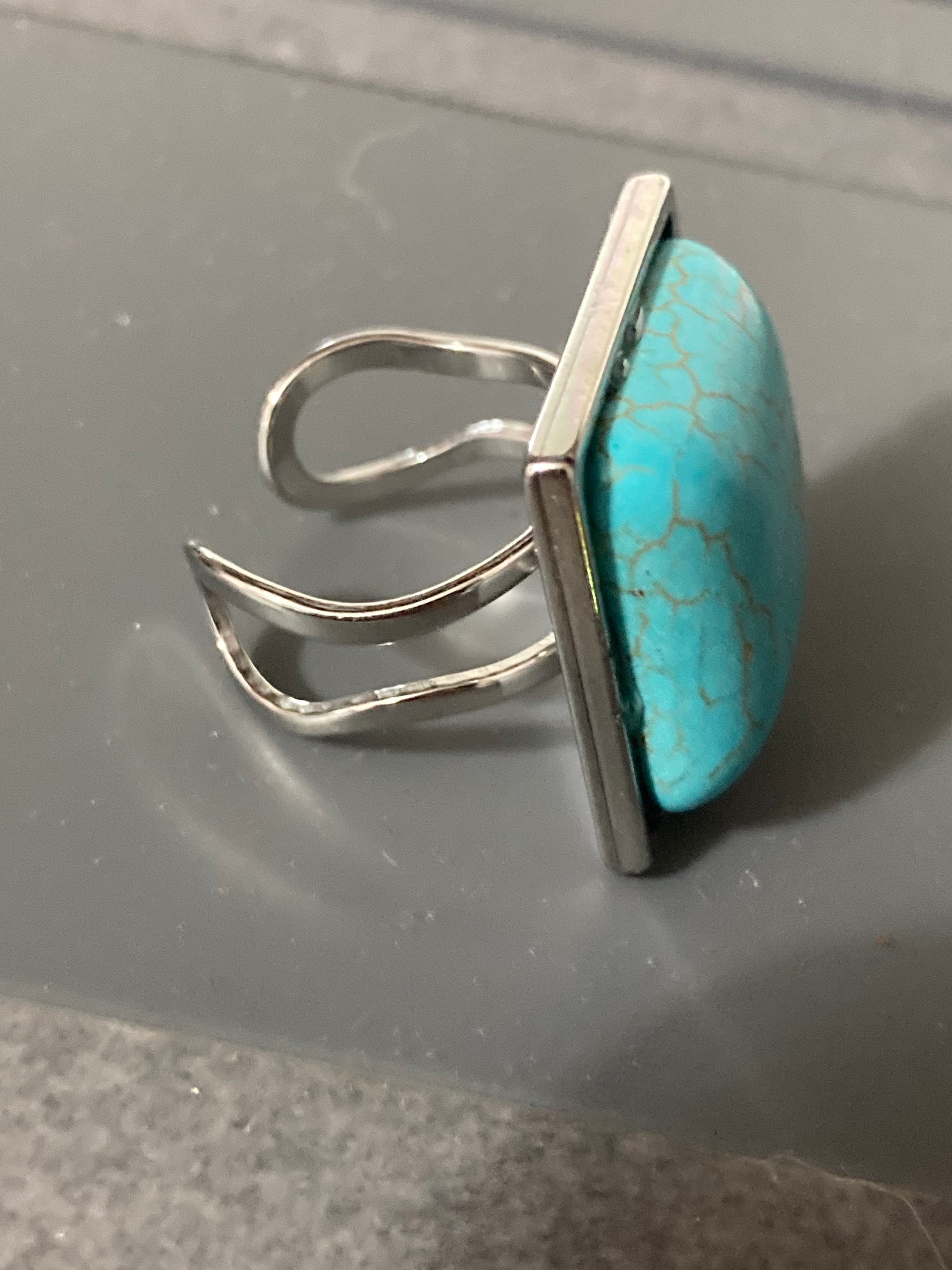 Oversized turquoise blue stone dress ring stainless steel square adjustable