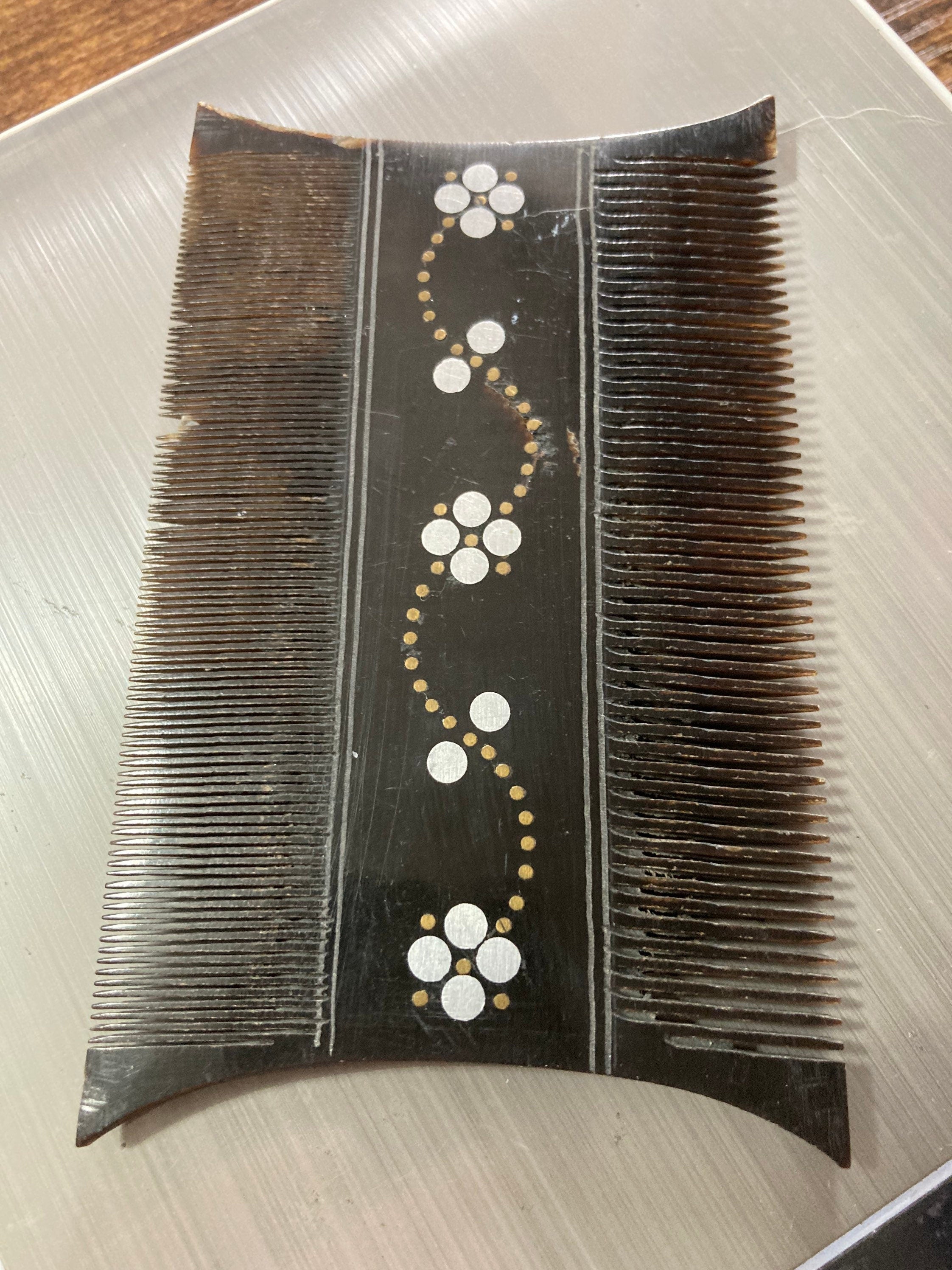 Antique hair comb faux Tortoiseshell early plastic small Chinese pietra dura