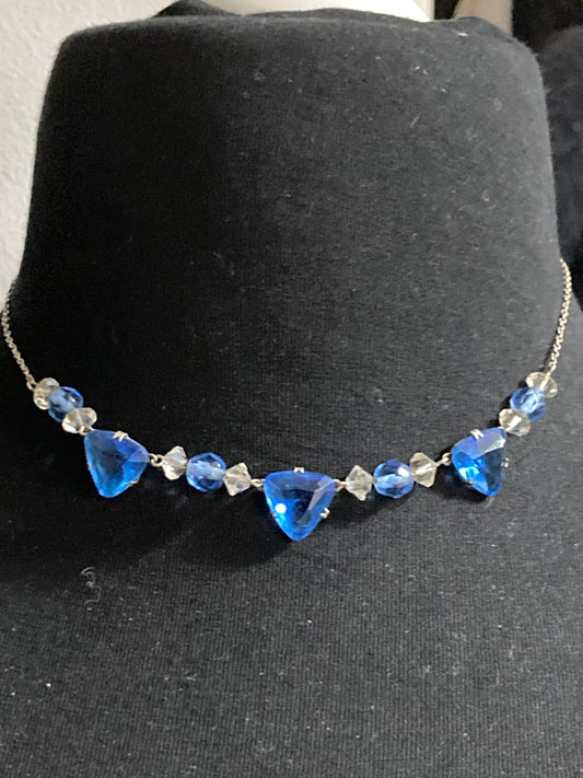 Art Deco Czech sapphire blue and clear Open Back crystal Necklace