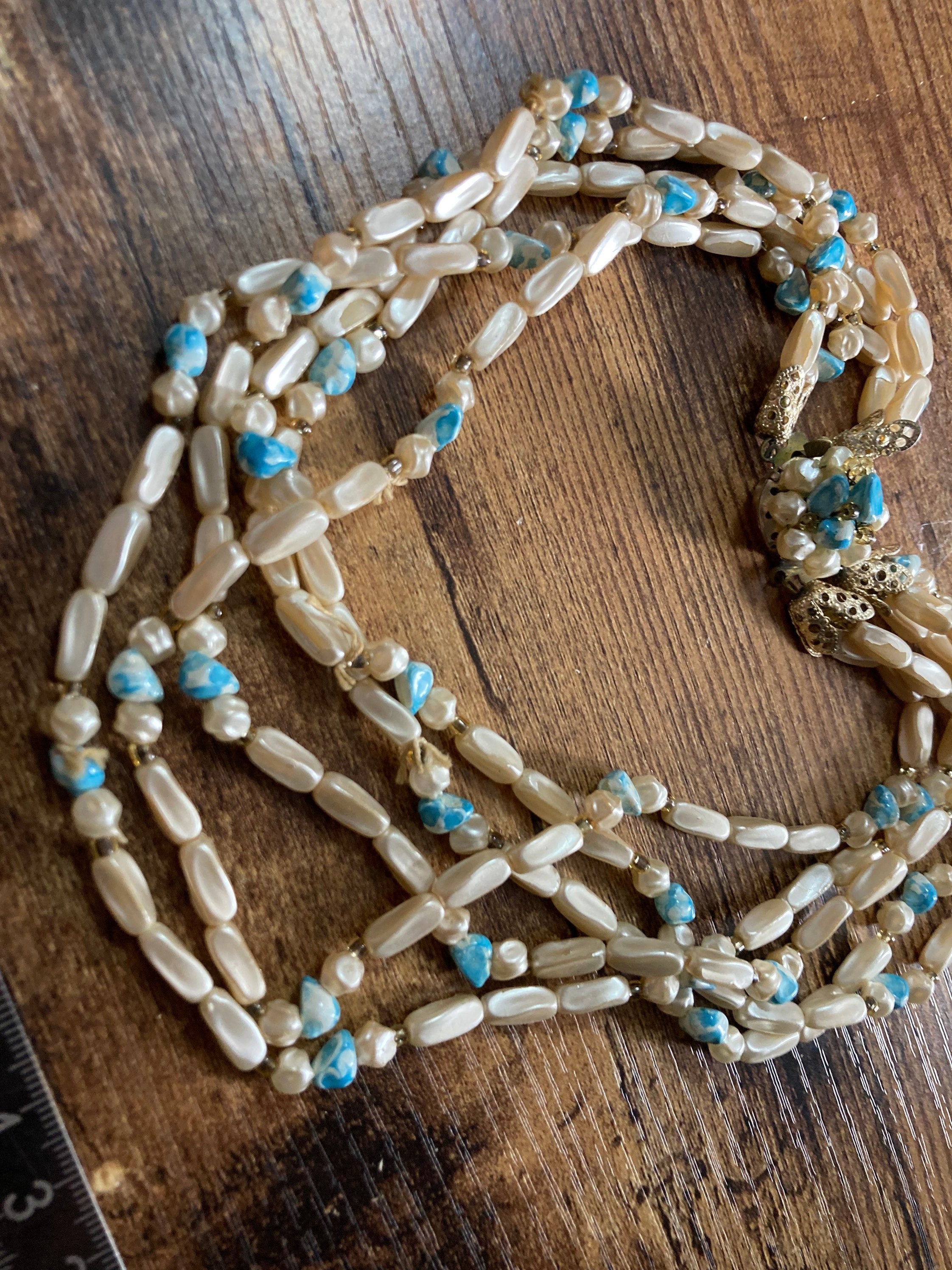 AF Signed HONG KONG Vintage necklace 1960s multi strand  blue cream plastic pearl beaded wide collar