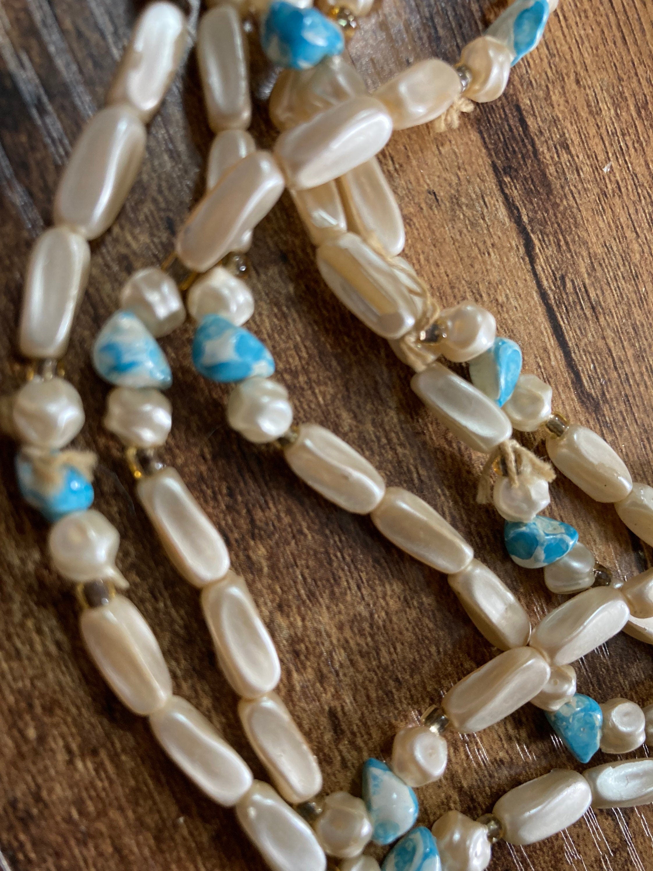 AF Signed HONG KONG Vintage necklace 1960s multi strand  blue cream plastic pearl beaded wide collar